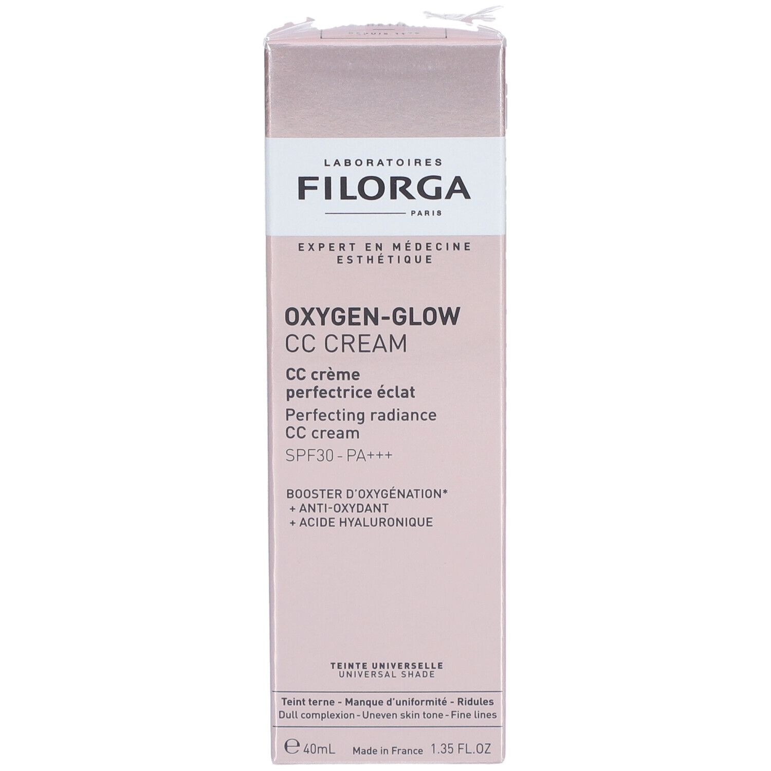 Roze doos FILORGA Oxygen-Glow CC Cream. Tekst: SPF30-PA+++, universele tint. 40ml.