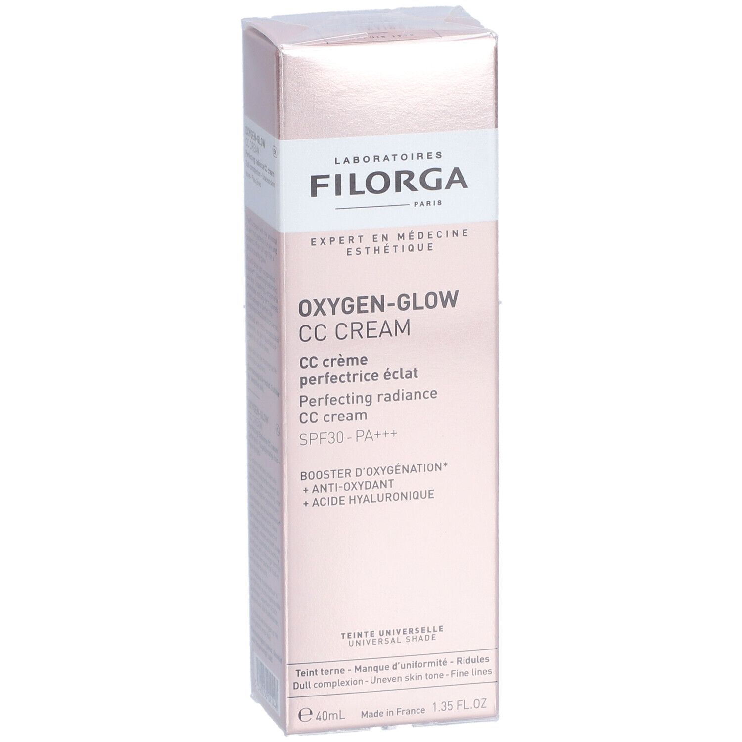 Roze doos FILORGA Oxygen-Glow CC Cream. Tekst: SPF30-PA+++, universele tint. 40ml.