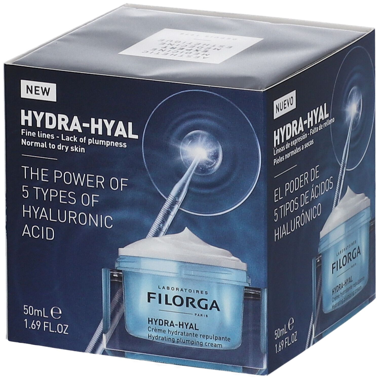 FILORGA HYDRA-HYAL crème verpakking. Blauwe doos met productafbeelding en tekst. Bevat 50ml. Tekst: HYDRA-HYAL, 5 hyaluronzuren.