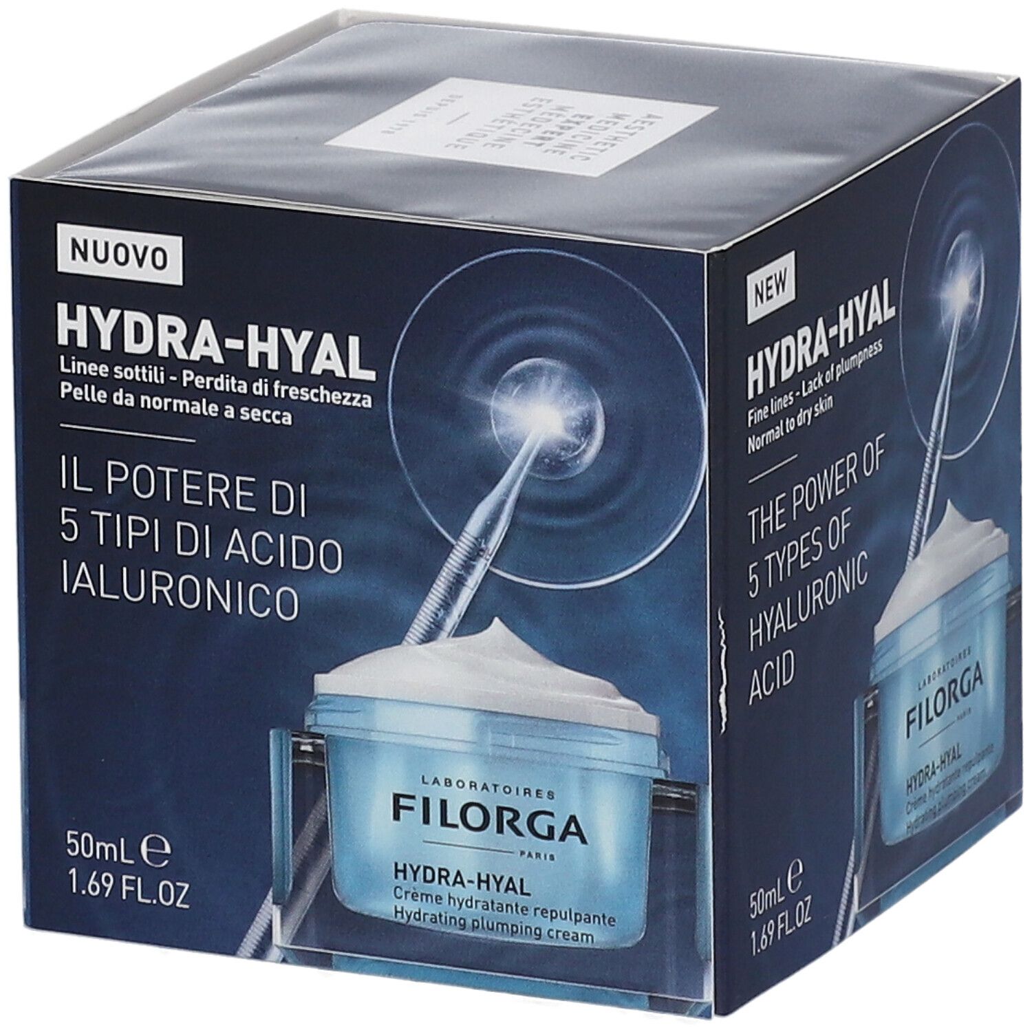 FILORGA HYDRA-HYAL crème verpakking. Blauwe doos met productafbeelding en tekst. Bevat 50ml. Tekst: HYDRA-HYAL, 5 hyaluronzuren.