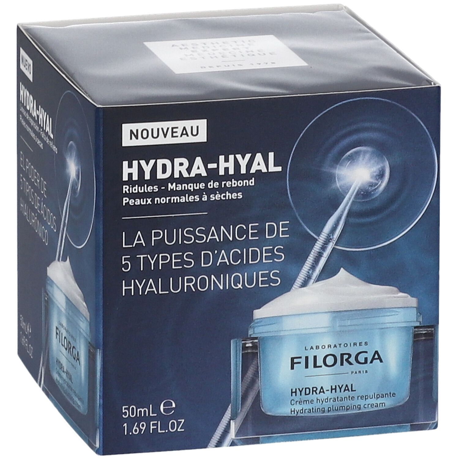 FILORGA HYDRA-HYAL crème verpakking. Blauwe doos met productafbeelding en tekst. Bevat 50ml. Tekst: HYDRA-HYAL, 5 hyaluronzuren.