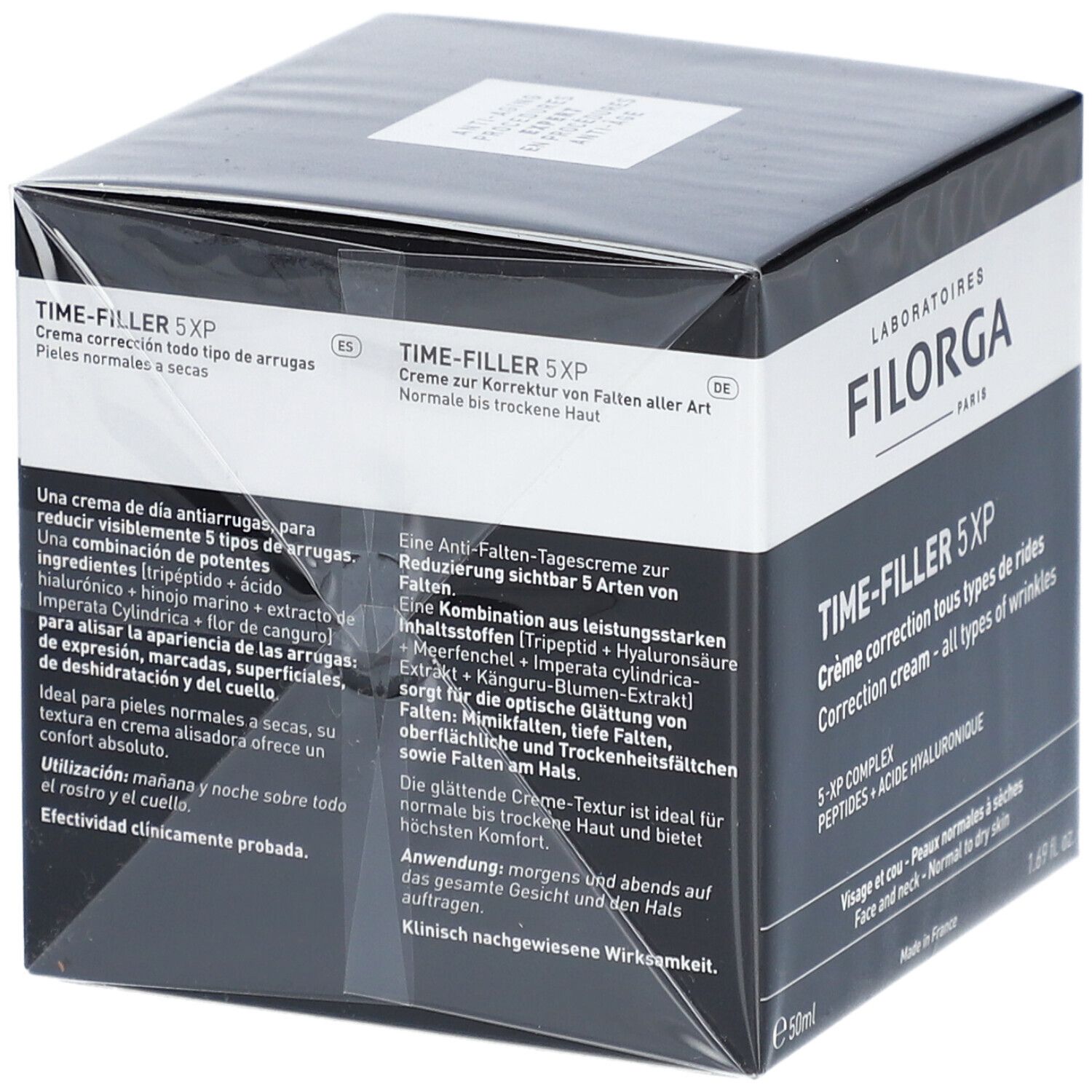 Boîte noire avec informations produit. FILORGA TIME-FILLER 5XP crème. Ingrédients : peptides, acide hyaluronique. Peaux normales à sèches.
