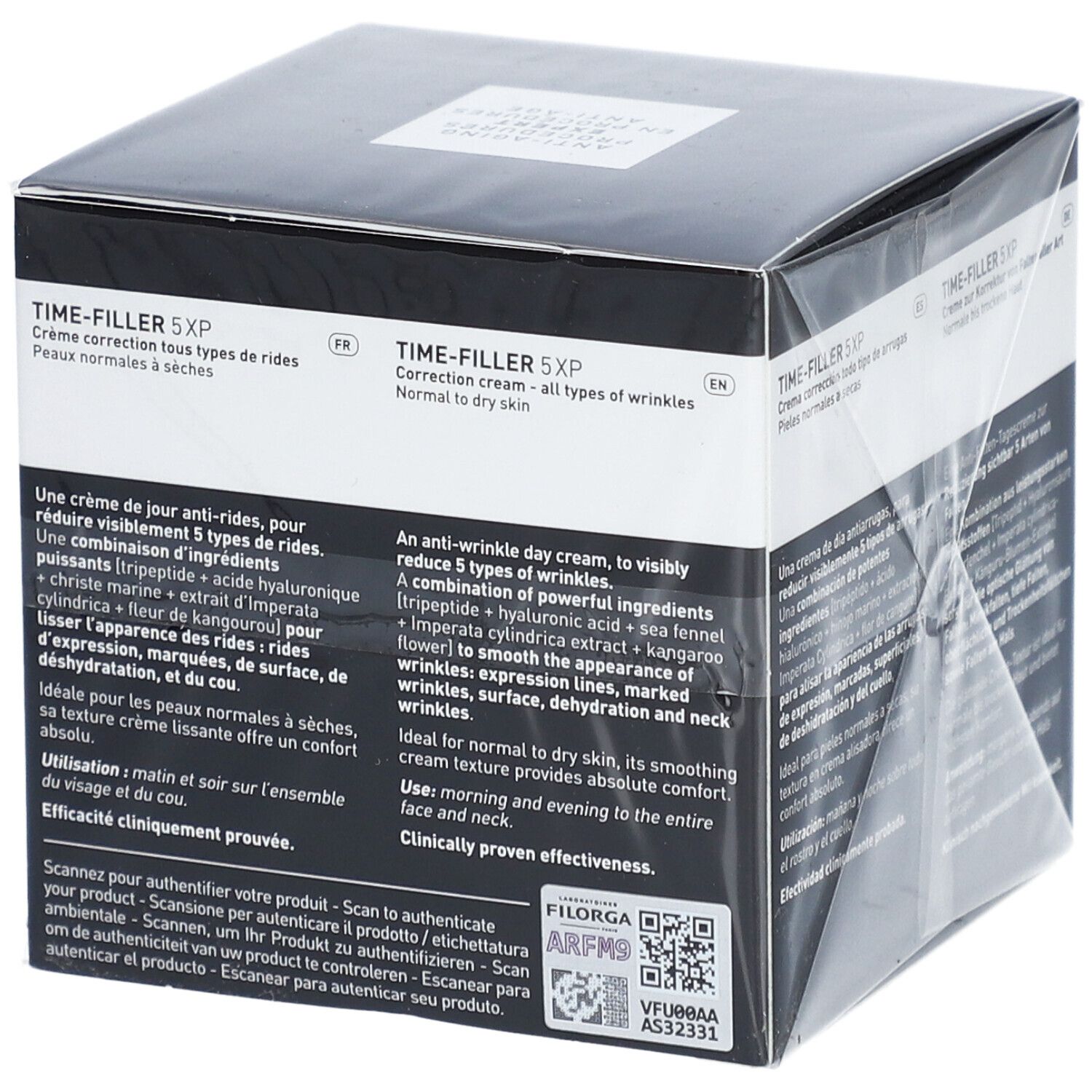 Boîte noire avec informations produit. FILORGA TIME-FILLER 5XP crème. Ingrédients : peptides, acide hyaluronique. Peaux normales à sèches.