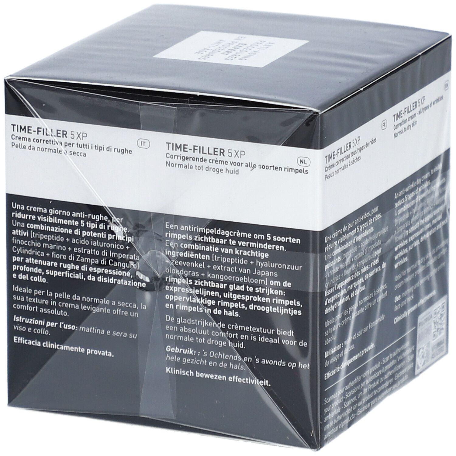 Boîte noire avec informations produit. FILORGA TIME-FILLER 5XP crème. Ingrédients : peptides, acide hyaluronique. Peaux normales à sèches.