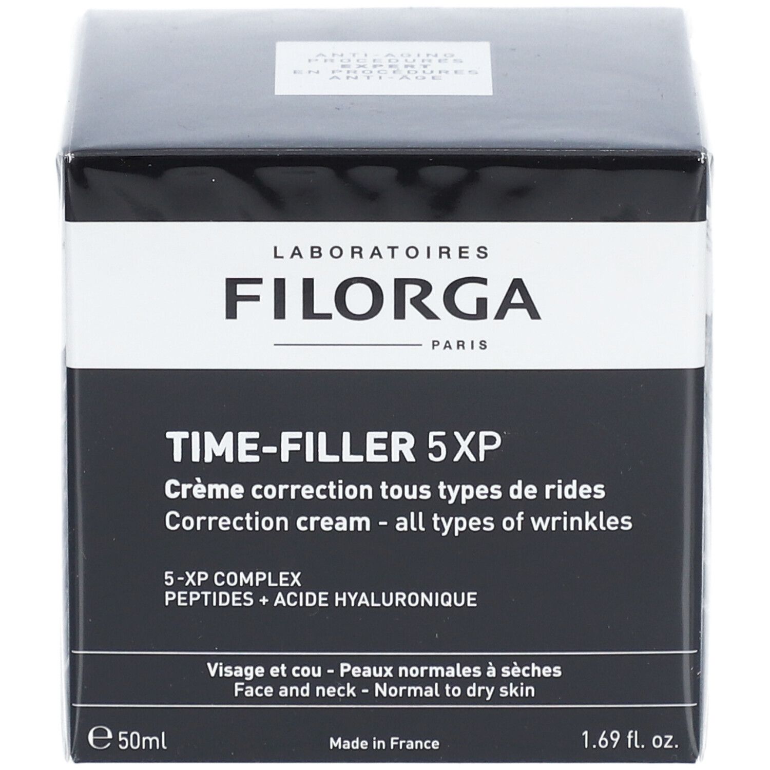 Boîte noire avec informations produit. FILORGA TIME-FILLER 5XP crème. Ingrédients : peptides, acide hyaluronique. Peaux normales à sèches.