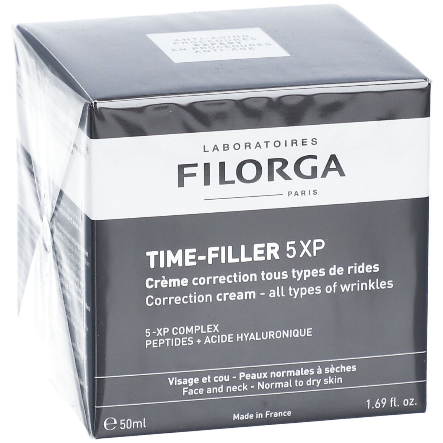 Boîte noire avec informations produit. FILORGA TIME-FILLER 5XP crème. Ingrédients : peptides, acide hyaluronique. Peaux normales à sèches.