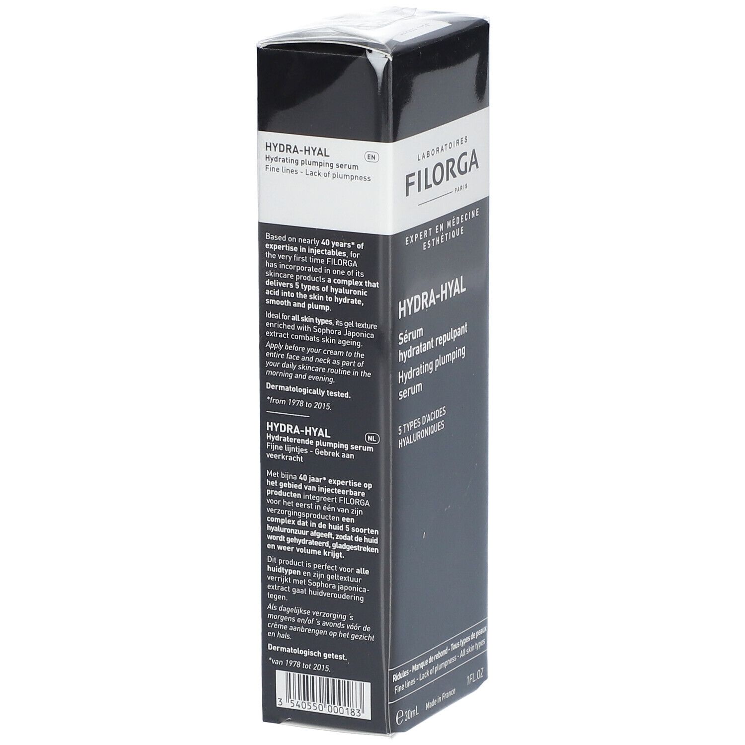 Schwarze Verpackung mit Text. Enthält Produktnamen HYDRA-HYAL und Informationen in Deutsch und Englisch. 30ml.