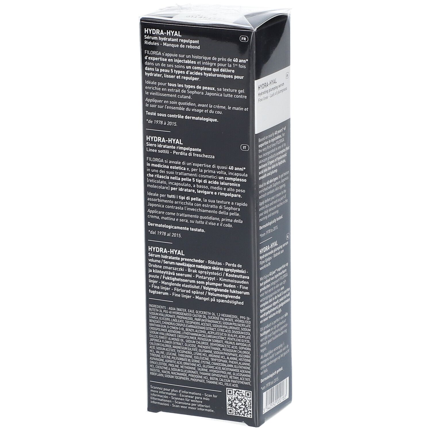 Schwarze Verpackung mit Text. Enthält Produktnamen HYDRA-HYAL und Informationen in verschiedenen Sprachen. 30ml.