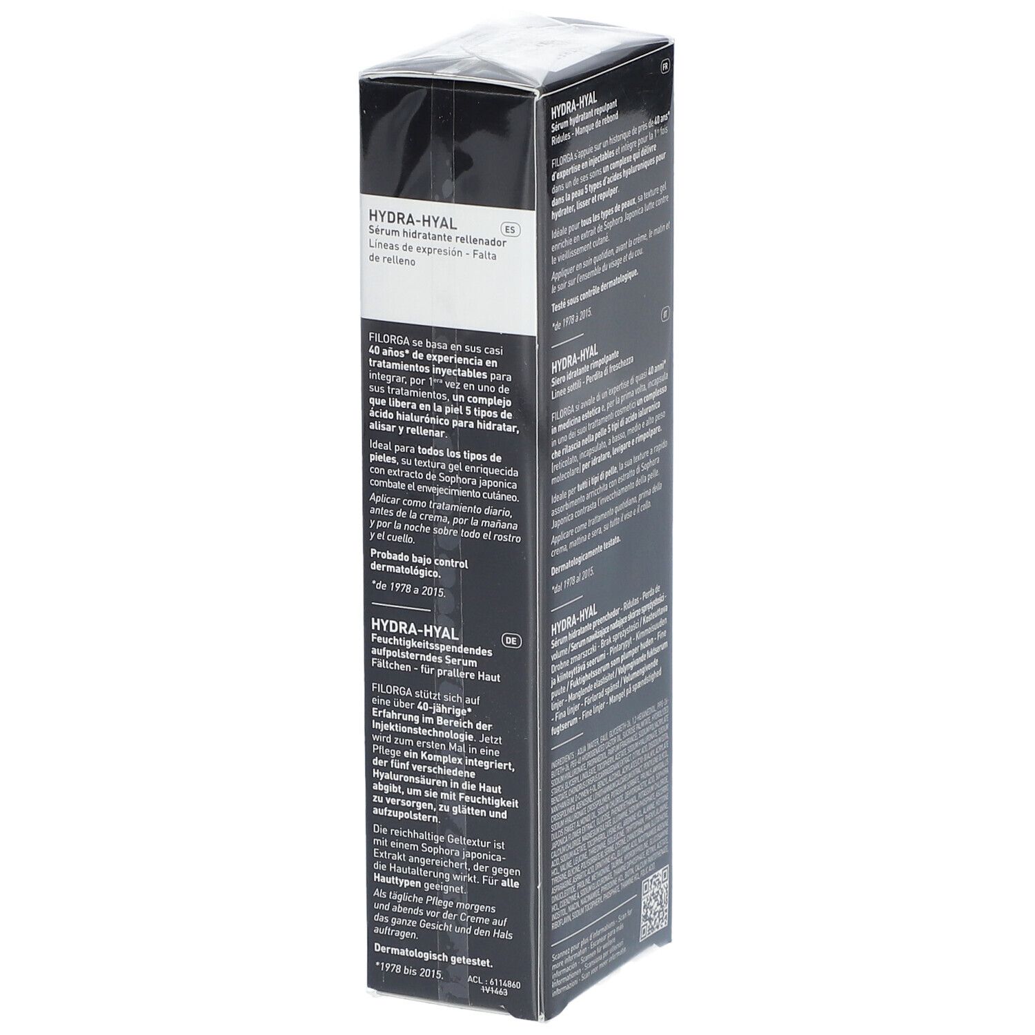Schwarze Verpackung mit Text. Enthält Produktnamen HYDRA-HYAL und Informationen in verschiedenen Sprachen. 30ml.