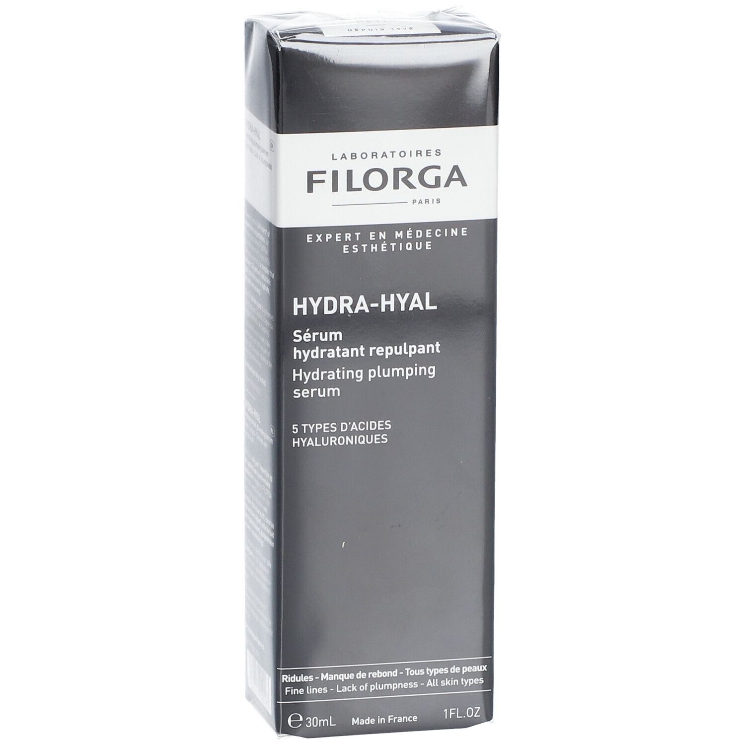 Schwarze Verpackung mit FILORGA-Logo und Produktnamen HYDRA-HYAL. Enthält Text in Französisch und Englisch. 30ml.