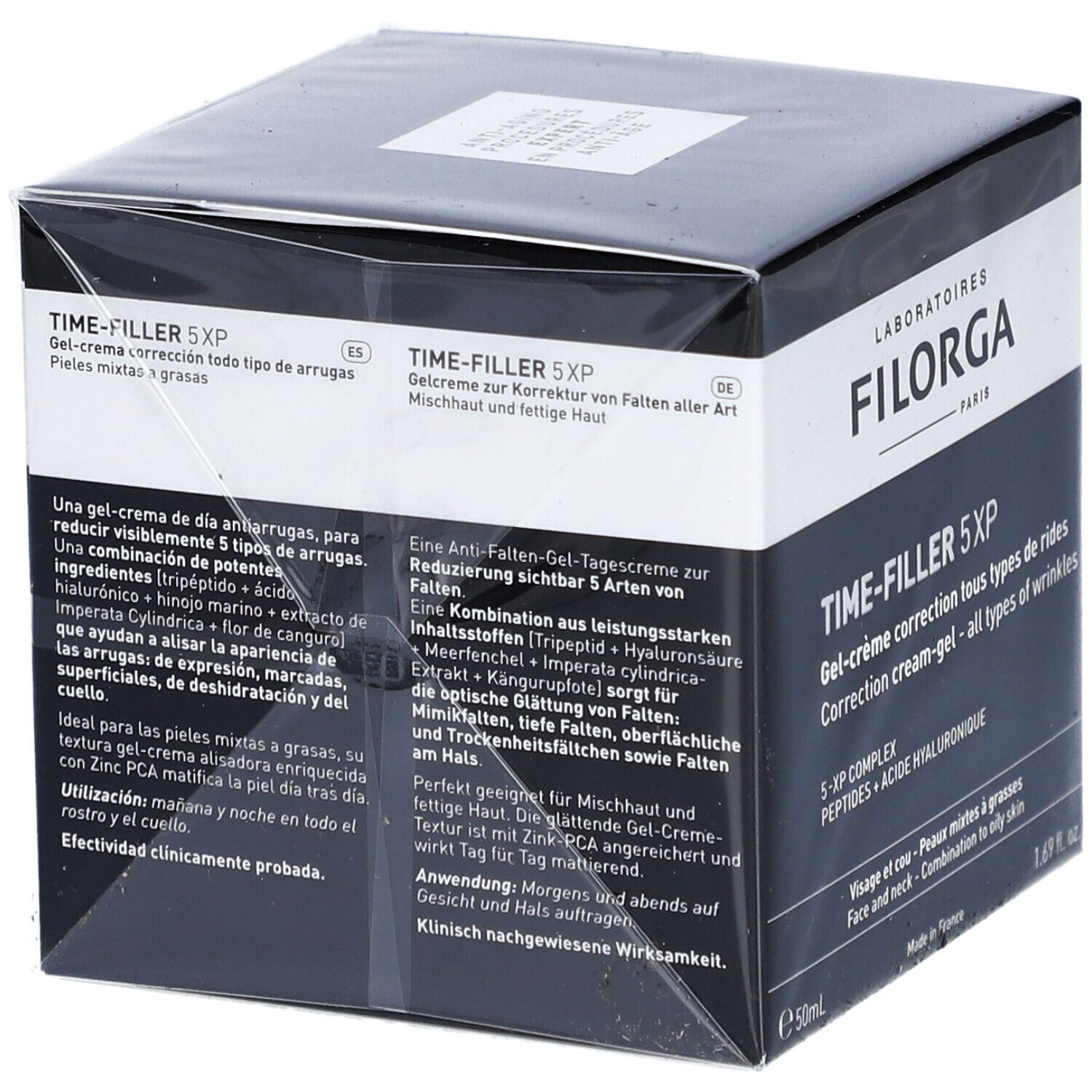 Karton FILORGA Time-Filler 5XP. Text: Gel-Creme gegen Falten, 5-XP Complex. Produktinformationen in mehreren Sprachen.