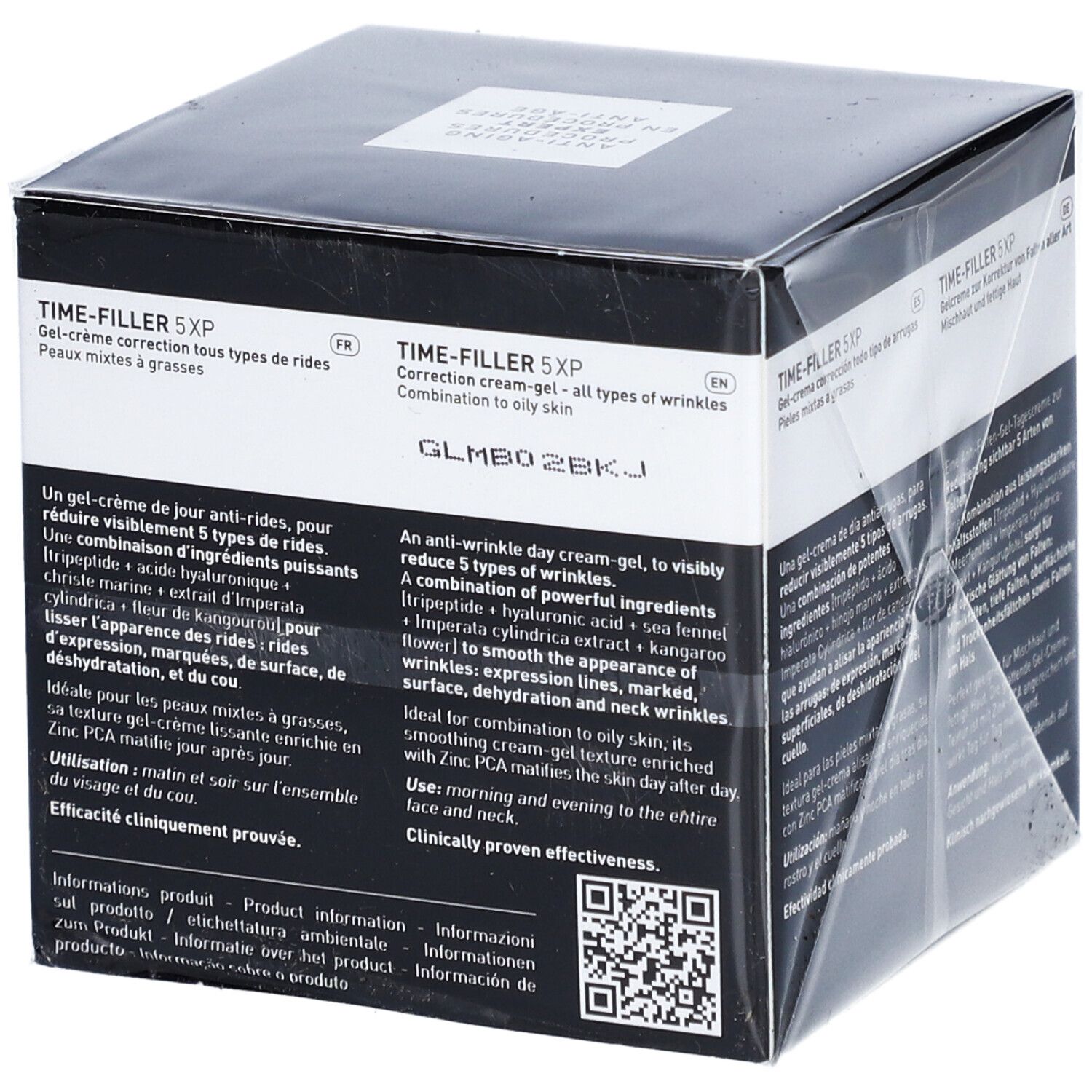Karton FILORGA Time-Filler 5XP. Text: Anti-Falten-Tagescreme, 5-XP Complex. QR-Code und Produktinformationen.
