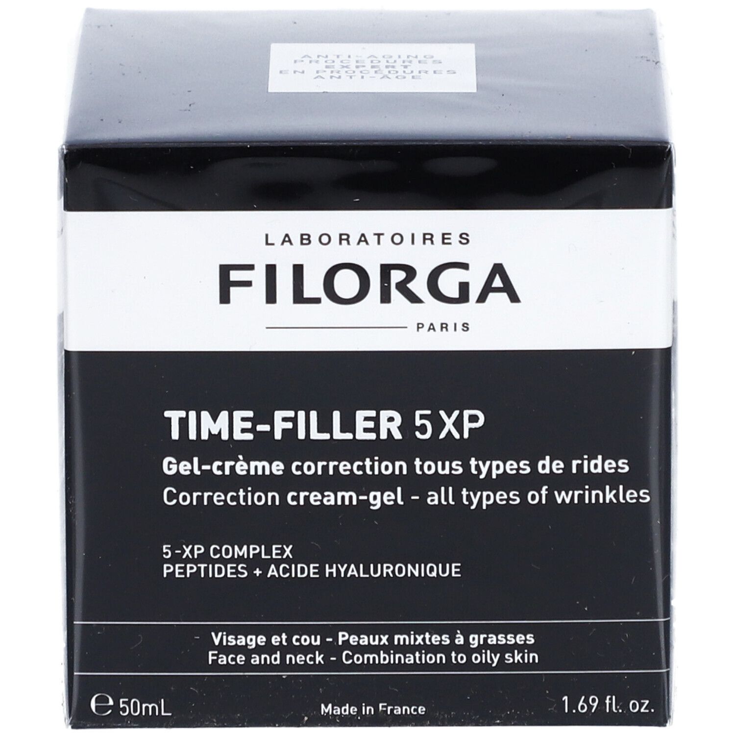 Schwarzer Karton FILORGA Time-Filler 5XP. Text: Gel-Creme gegen Falten, 5-XP Complex, 50ml.