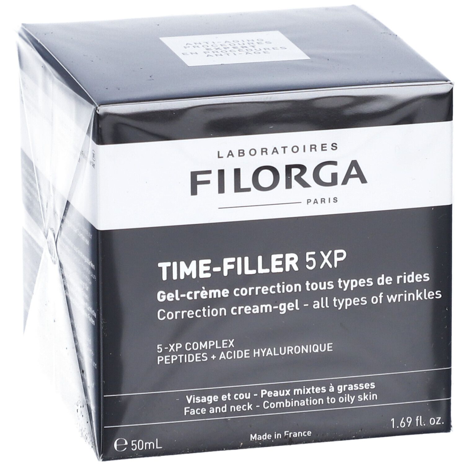 Schwarzer Karton FILORGA Time-Filler 5XP. Text: Gel-Creme gegen Falten, 5-XP Complex, 50ml.