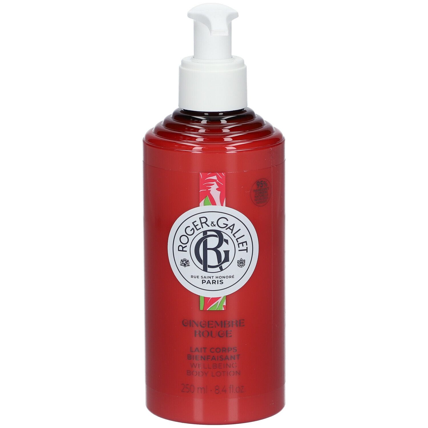 Rode fles met witte pomp. Opschrift: Roger & Gallet, Gingembre Rouge, Lait Corps, 250 ml.