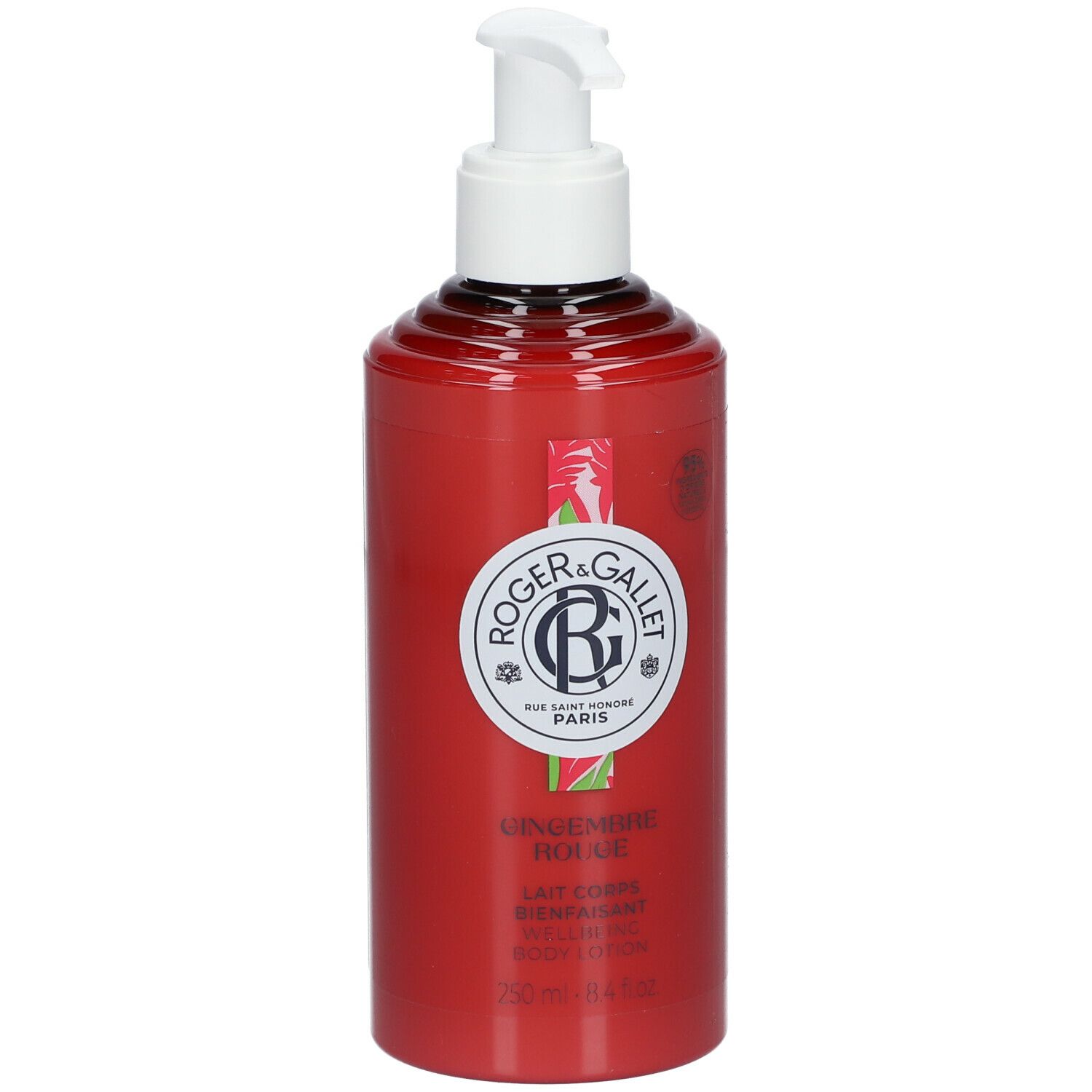 Rode fles met witte pomp. Opschrift: Roger & Gallet, Gingembre Rouge, Lait Corps, 250 ml.