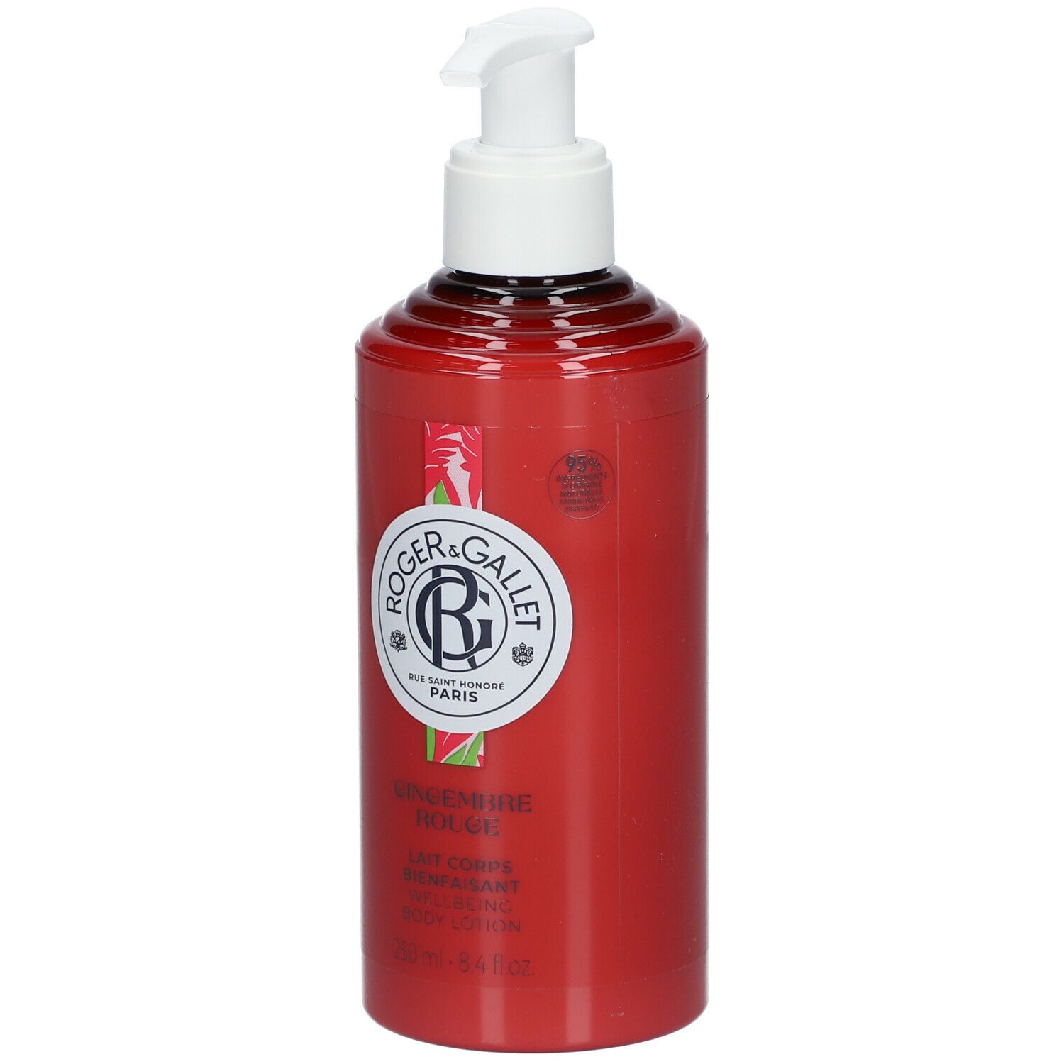 Rode fles met witte pomp. Opschrift: Roger & Gallet, Gingembre Rouge, Lait Corps, 250 ml.