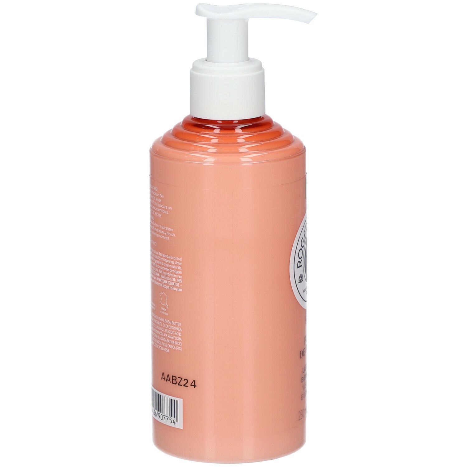 Roze fles met witte pomp. Opschrift en tekst op de achterkant. Barcode en AABZ24.