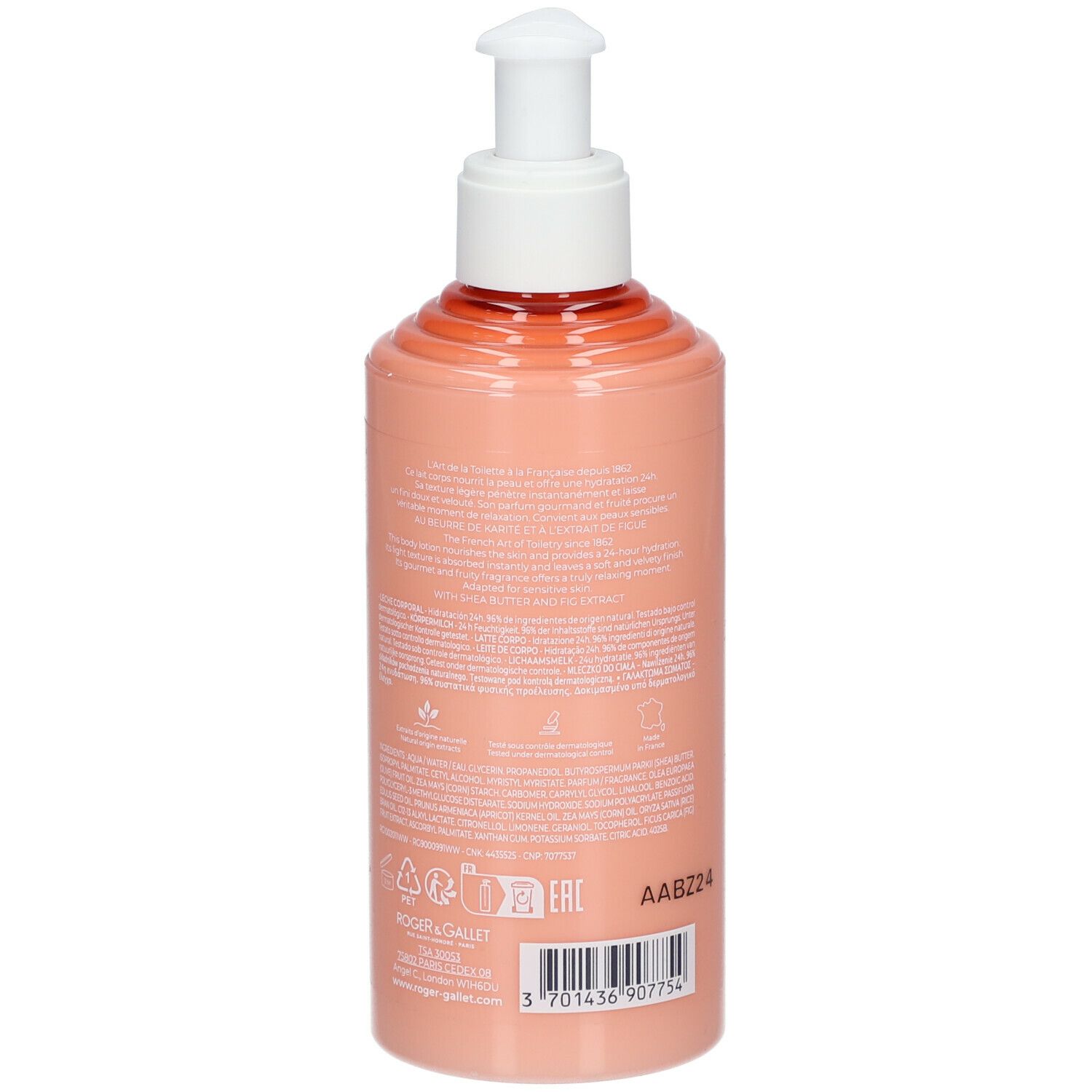 Achterkant van een roze fles met witte pomp. Tekst en symbolen. Barcode en AABZ24.