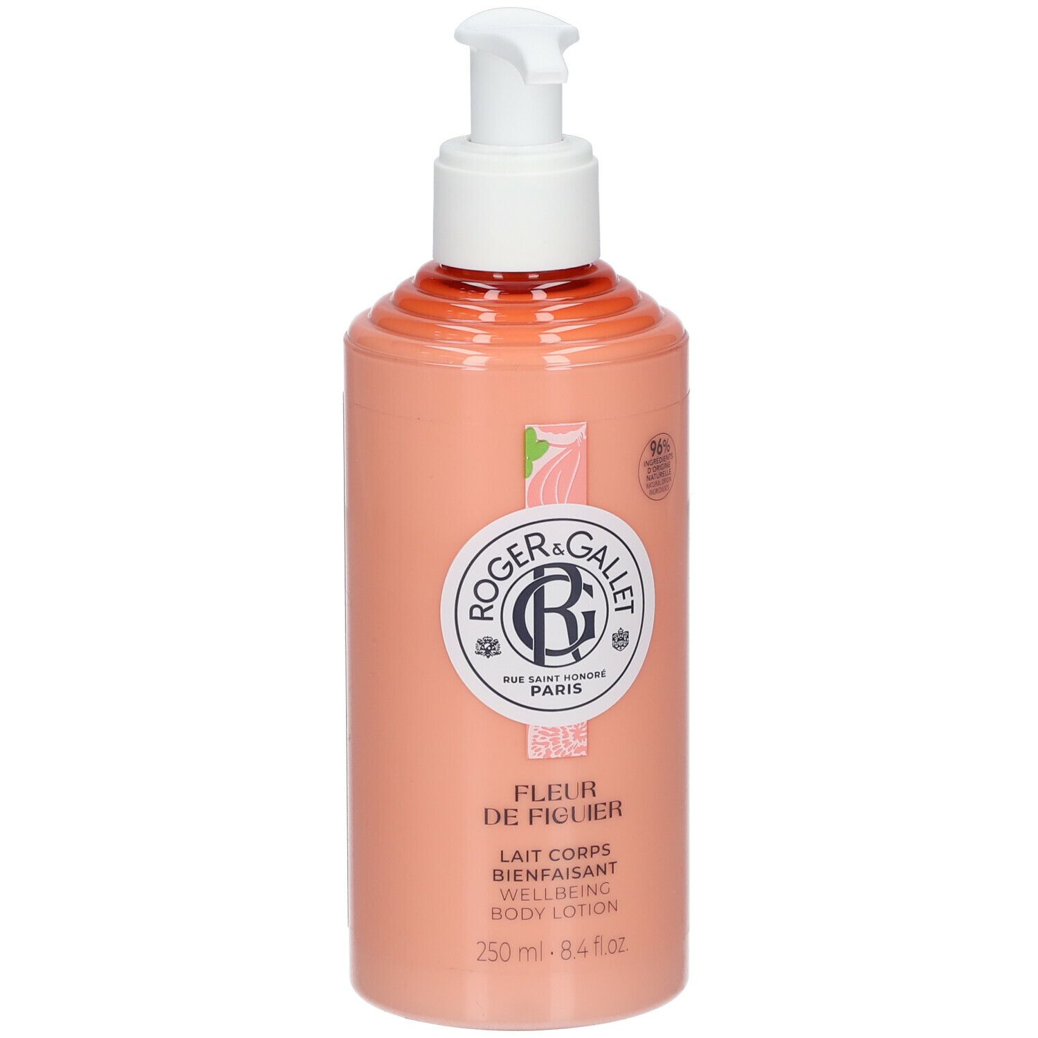 Roze fles met witte pomp. Opschrift: Roger & Gallet, Fleur de Figuier, Lait Corps Bienfaisant. 250 ml.