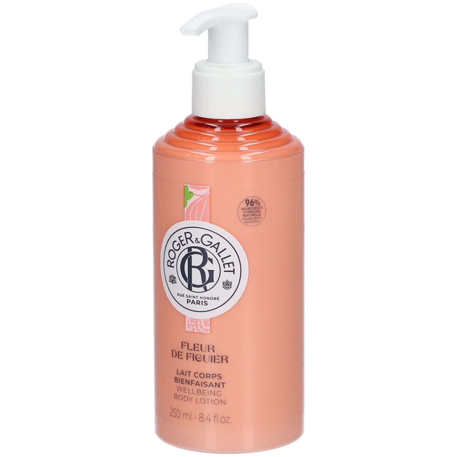 Roze fles met witte pomp. Opschrift: Roger & Gallet, Fleur de Figuier, Lait Corps Bienfaisant. 250 ml.