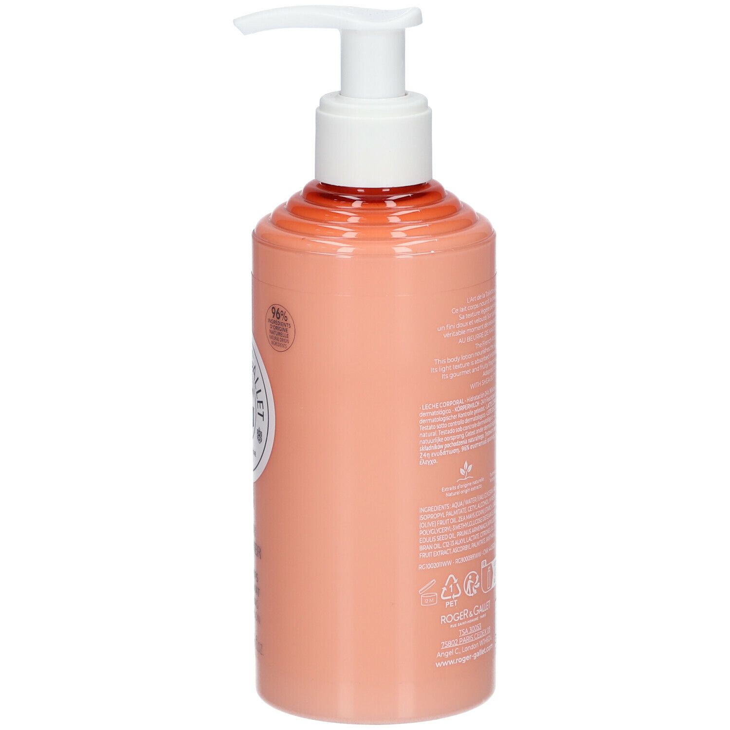 Zijkant van een roze fles met witte pomp. Opschrift en tekst. 96% ingrediënten van natuurlijke oorsprong.