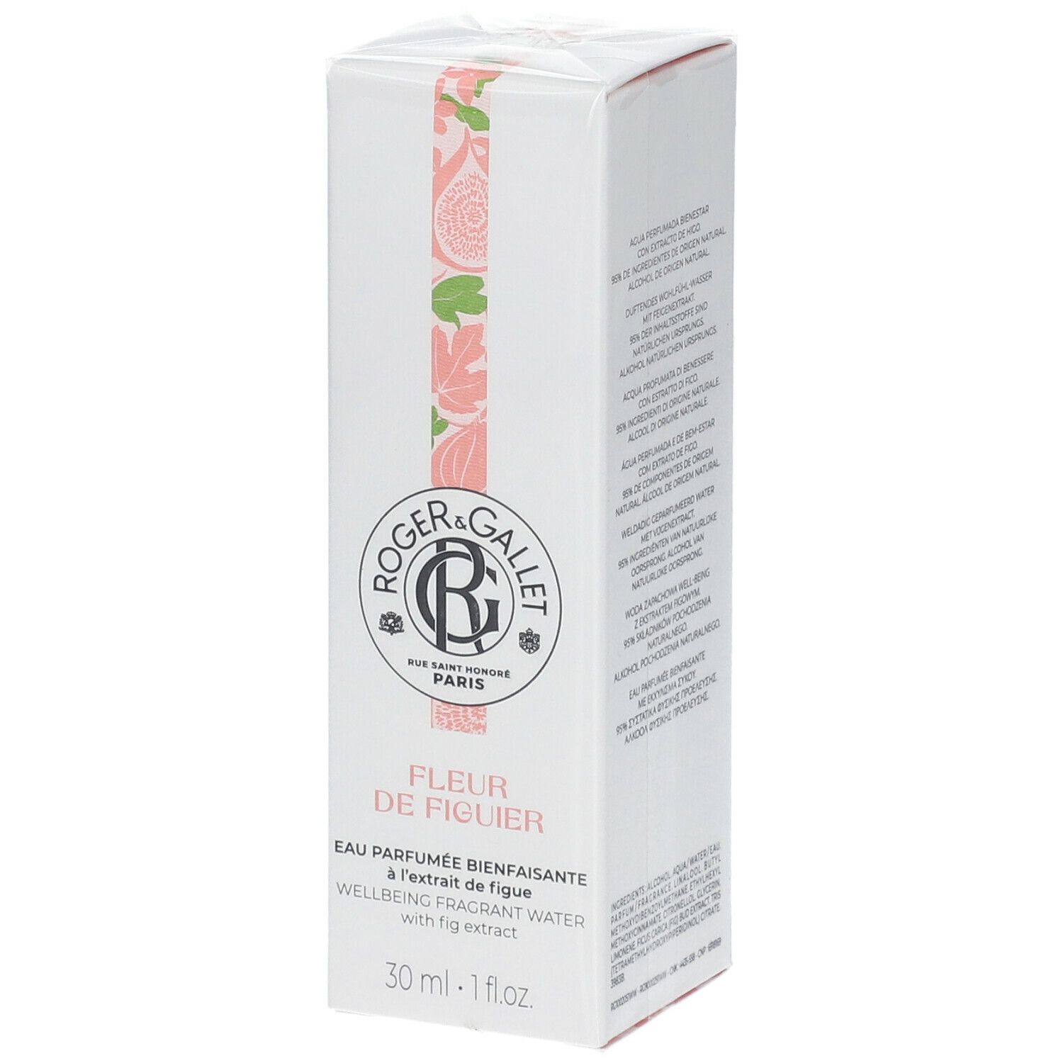 Boîte blanche avec nom FLEUR DE FIGUIER. Logo Roger & Gallet. Texte: Eau Parfumée Bienfaisante. 30 ml.