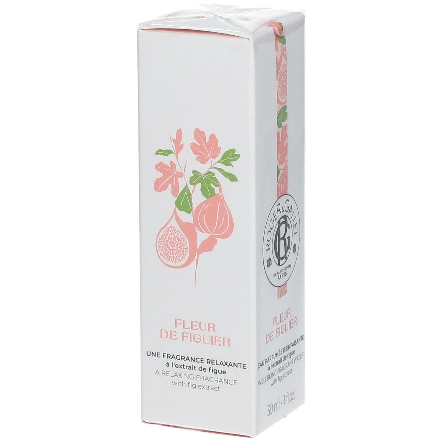 Boîte blanche avec illustrations de figues et feuilles. Texte: FLEUR DE FIGUIER. Logo Roger & Gallet. 30 ml.