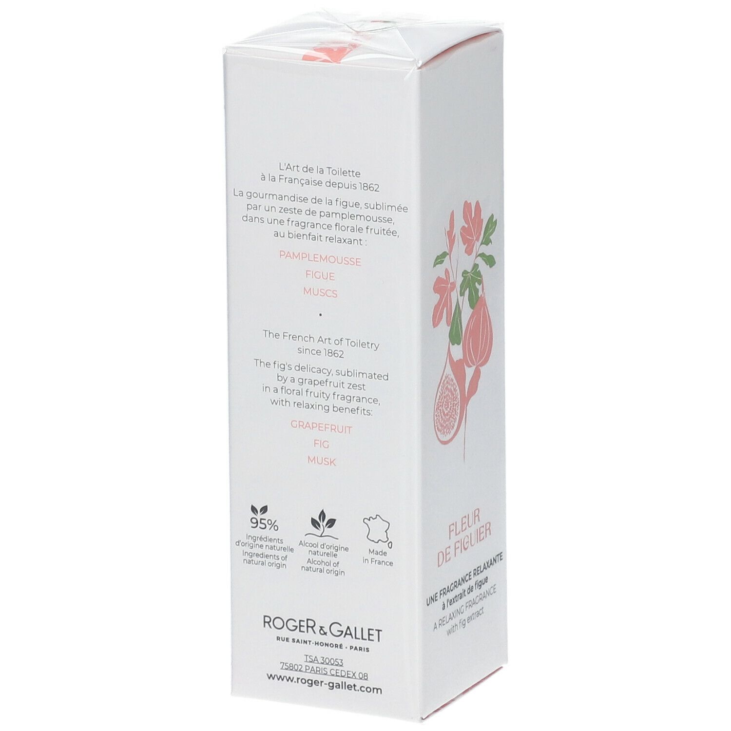 Boîte blanche, dos. Texte: FLEUR DE FIGUIER. Logo Roger & Gallet. Texte sur ingrédients et origine. 95% ingrédients naturels.
