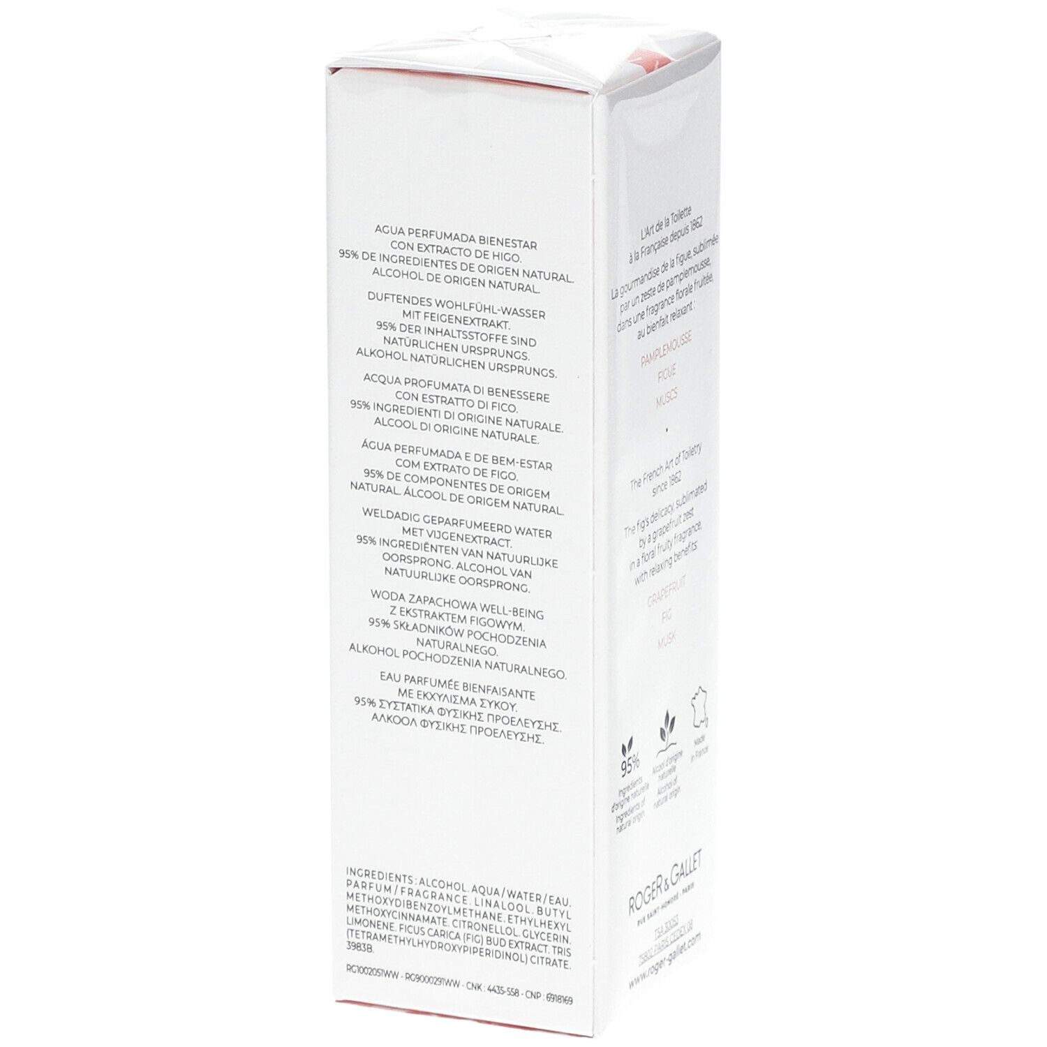 Boîte blanche, vue latérale. Texte multilingue. Logo Roger & Gallet. Texte sur ingrédients et origine. 95% ingrédients naturels.