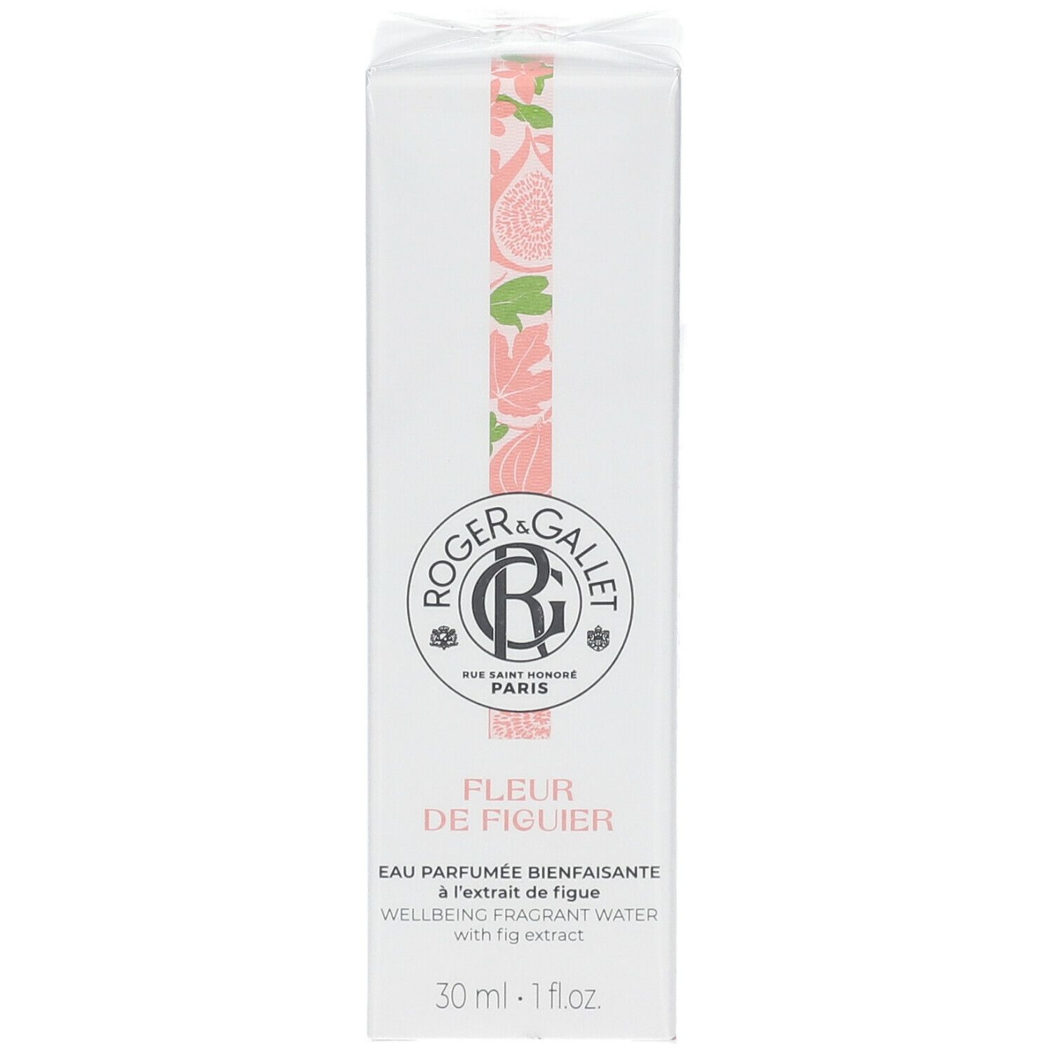 Boîte blanche avec nom FLEUR DE FIGUIER. Logo Roger & Gallet. Texte: Eau Parfumée Bienfaisante. 30 ml.