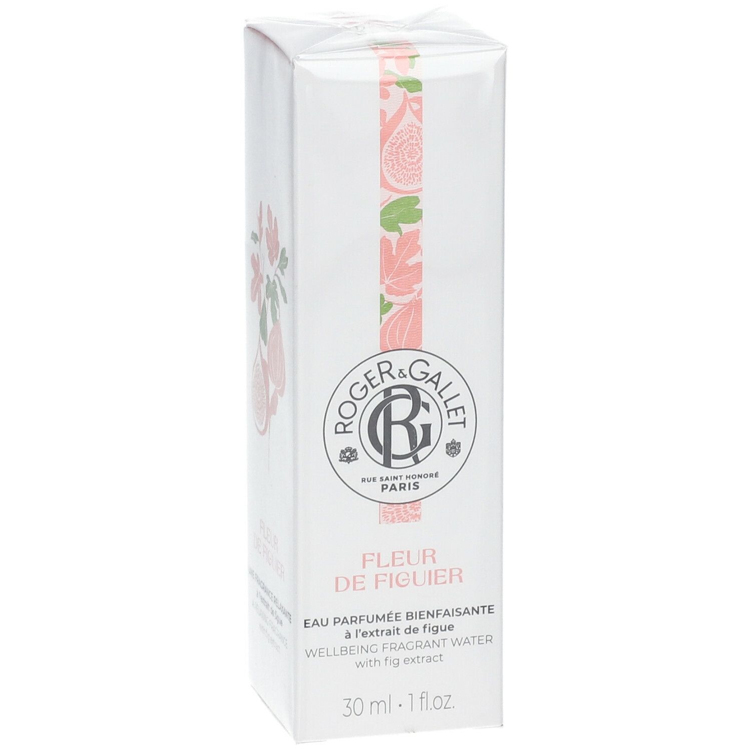Boîte blanche avec nom FLEUR DE FIGUIER. Logo Roger & Gallet. Texte: Eau Parfumée Bienfaisante. 30 ml.