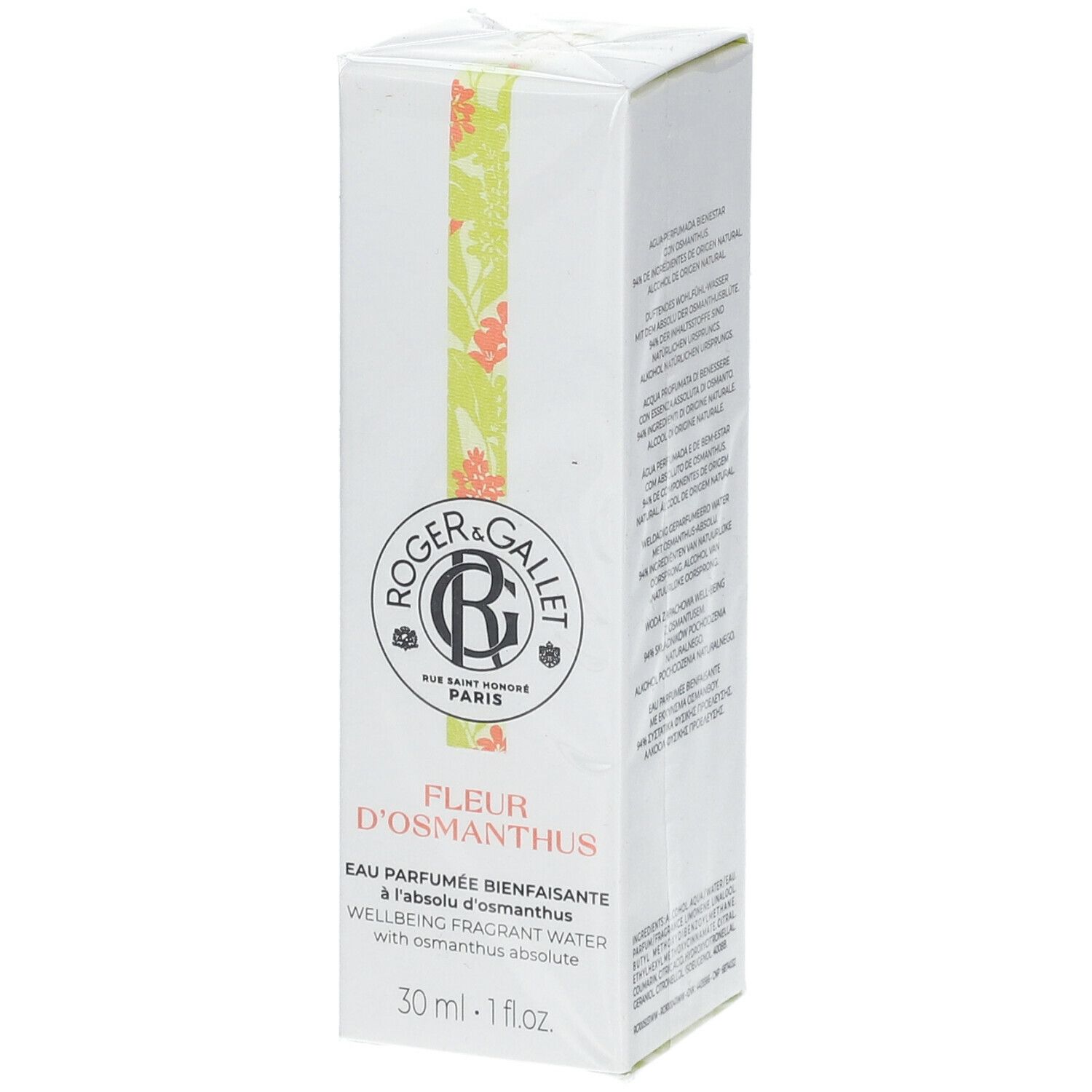 Witte doos met productopdruk. Logo Roger & Gallet, Fleur d'Osmanthus, Eau Parfumée. 30 ml.
