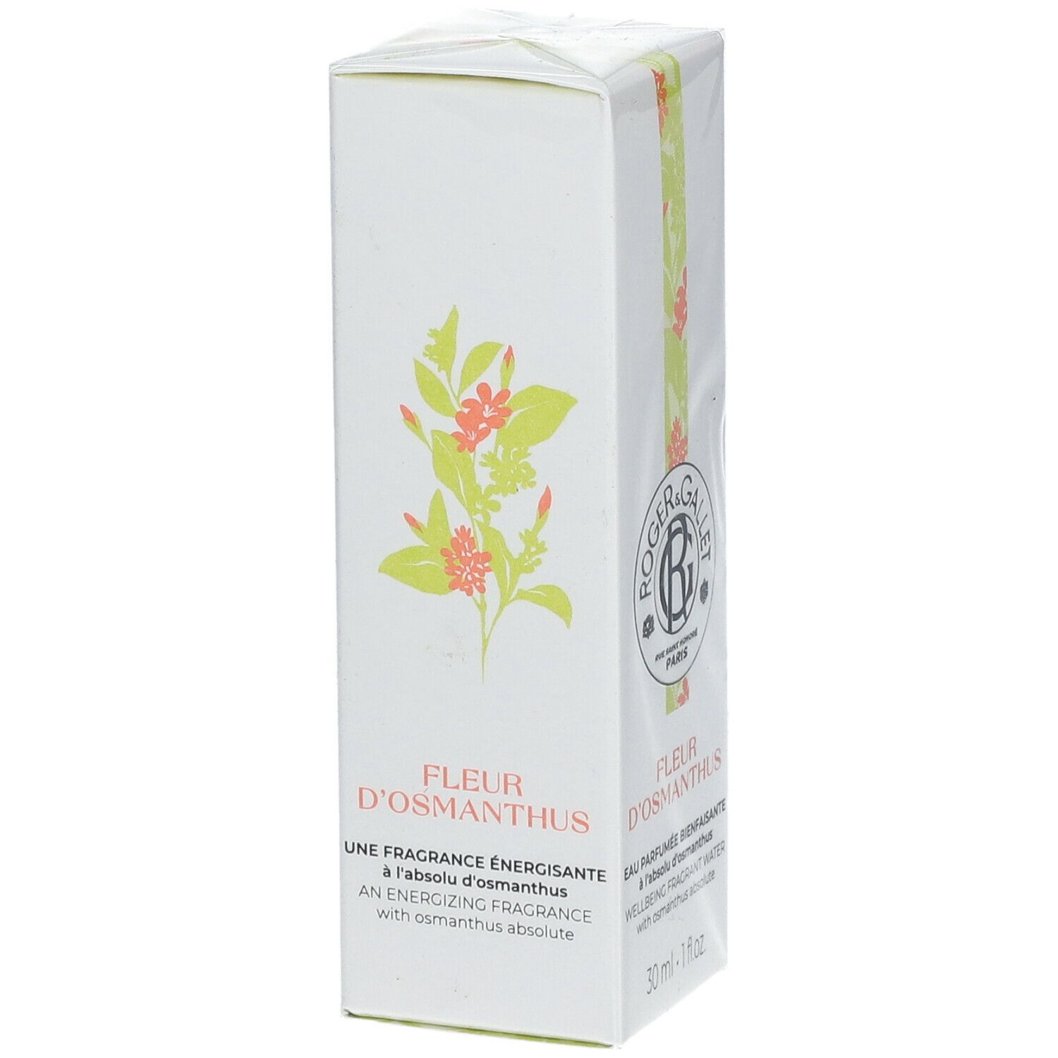 Witte doos met productopdruk. Logo Roger & Gallet, Fleur d'Osmanthus, Eau Parfumée. 30 ml.