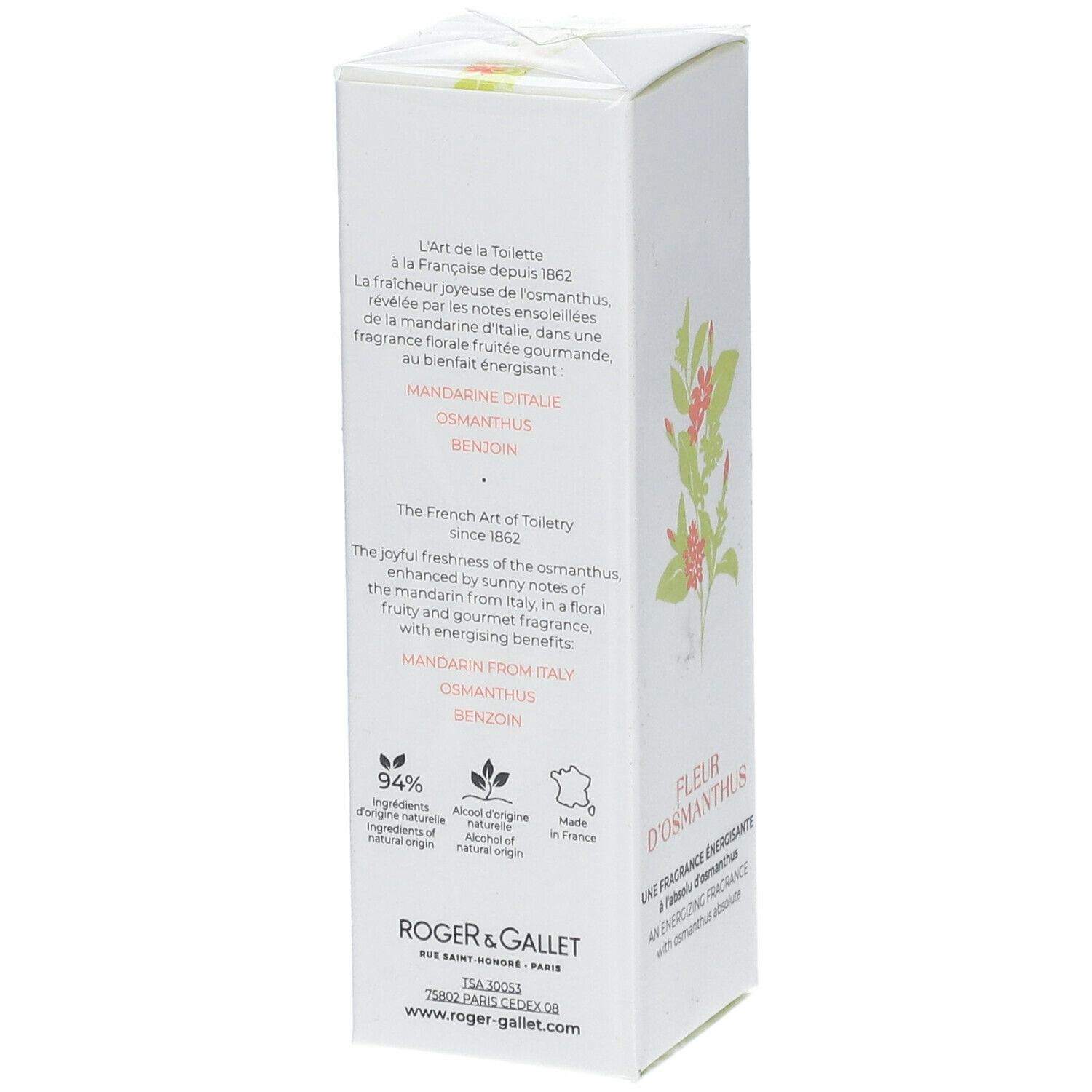 Witte doos met productopdruk. Logo Roger & Gallet, Fleur d'Osmanthus, Eau Parfumée. 30 ml.