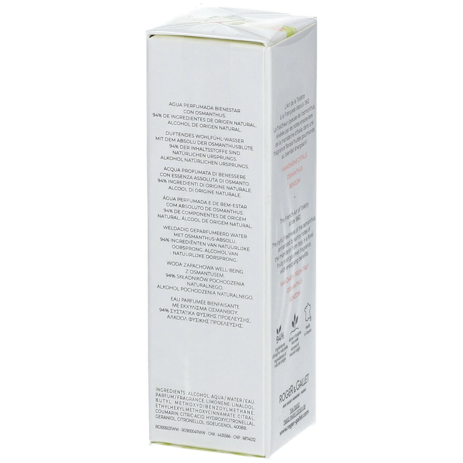 Witte doos met productopdruk. Logo Roger & Gallet, Fleur d'Osmanthus, Eau Parfumée. 30 ml.