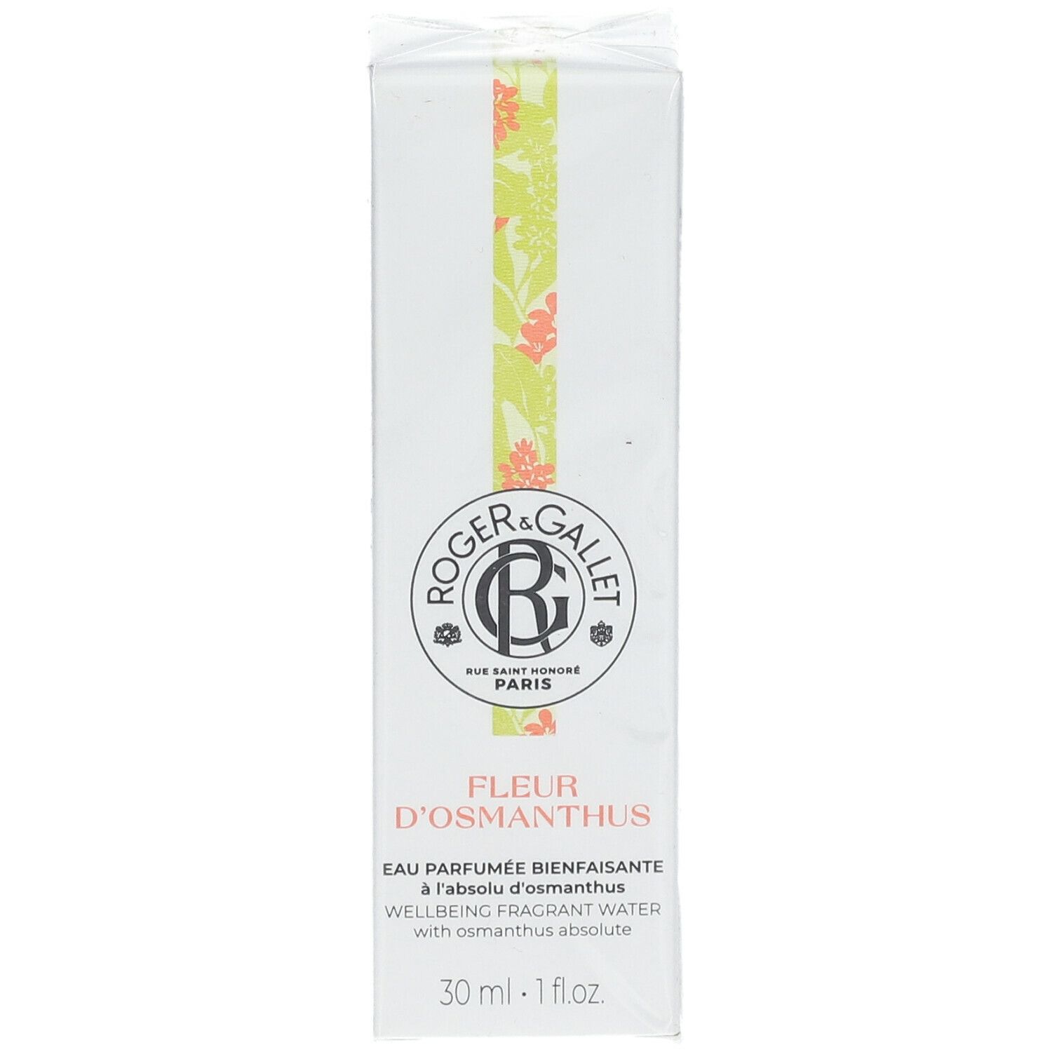 Witte doos met productopdruk. Logo Roger & Gallet, Fleur d'Osmanthus, Eau Parfumée. 30 ml.