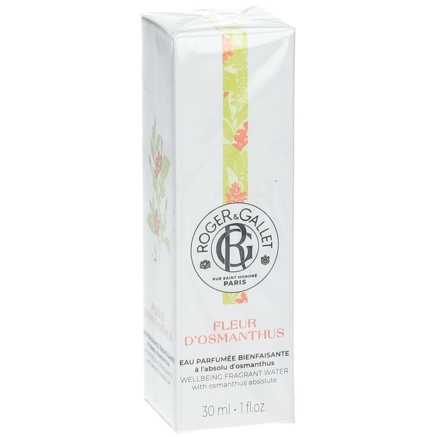 Witte doos met productopdruk. Logo Roger & Gallet, Fleur d'Osmanthus, Eau Parfumée. 30 ml.