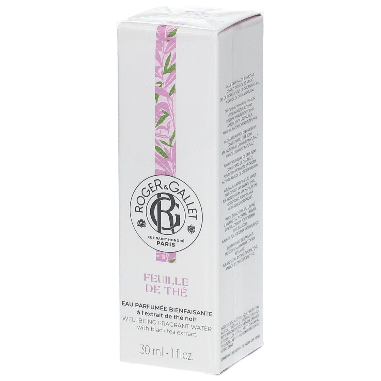 Weiße Schachtel mit Produktnamen und Logo. Rosa und grüne Blätter-Dekoration. Text: FEUILLE DE THÉ, 30 ml.