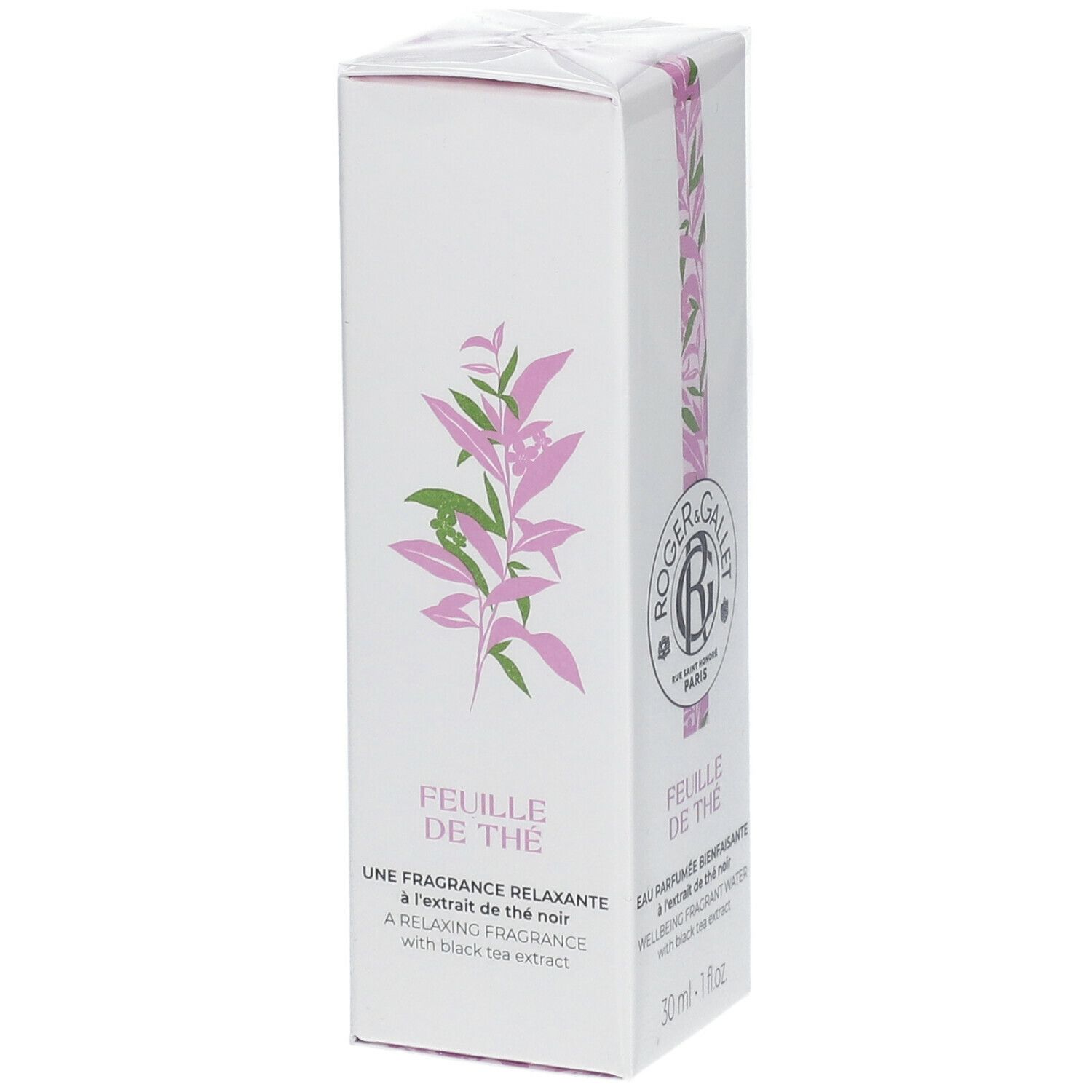 Weiße Schachtel mit Produktnamen und Logo. Rosa und grüne Blätter-Dekoration. Text: FEUILLE DE THÉ, Relaxing Fragrance.