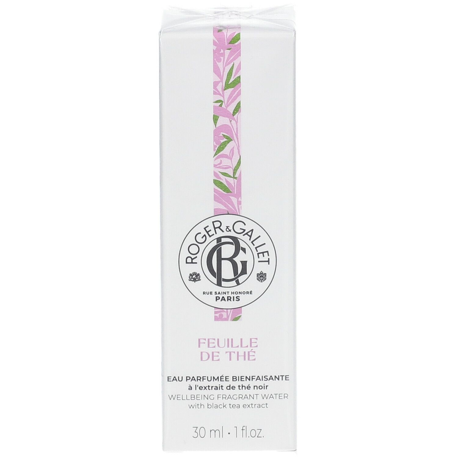 Weiße Schachtel mit Produktnamen und Logo. Rosa und grüne Blätter-Dekoration. Text: FEUILLE DE THÉ, 30 ml.