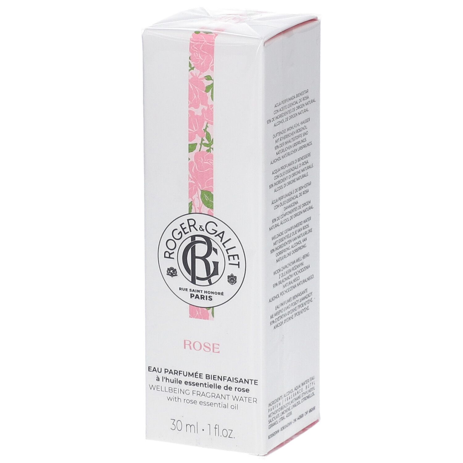 Boîte blanche avec logo et motif floral. Texte: Eau Parfumée Bienfaisante Rose, 30 ml.