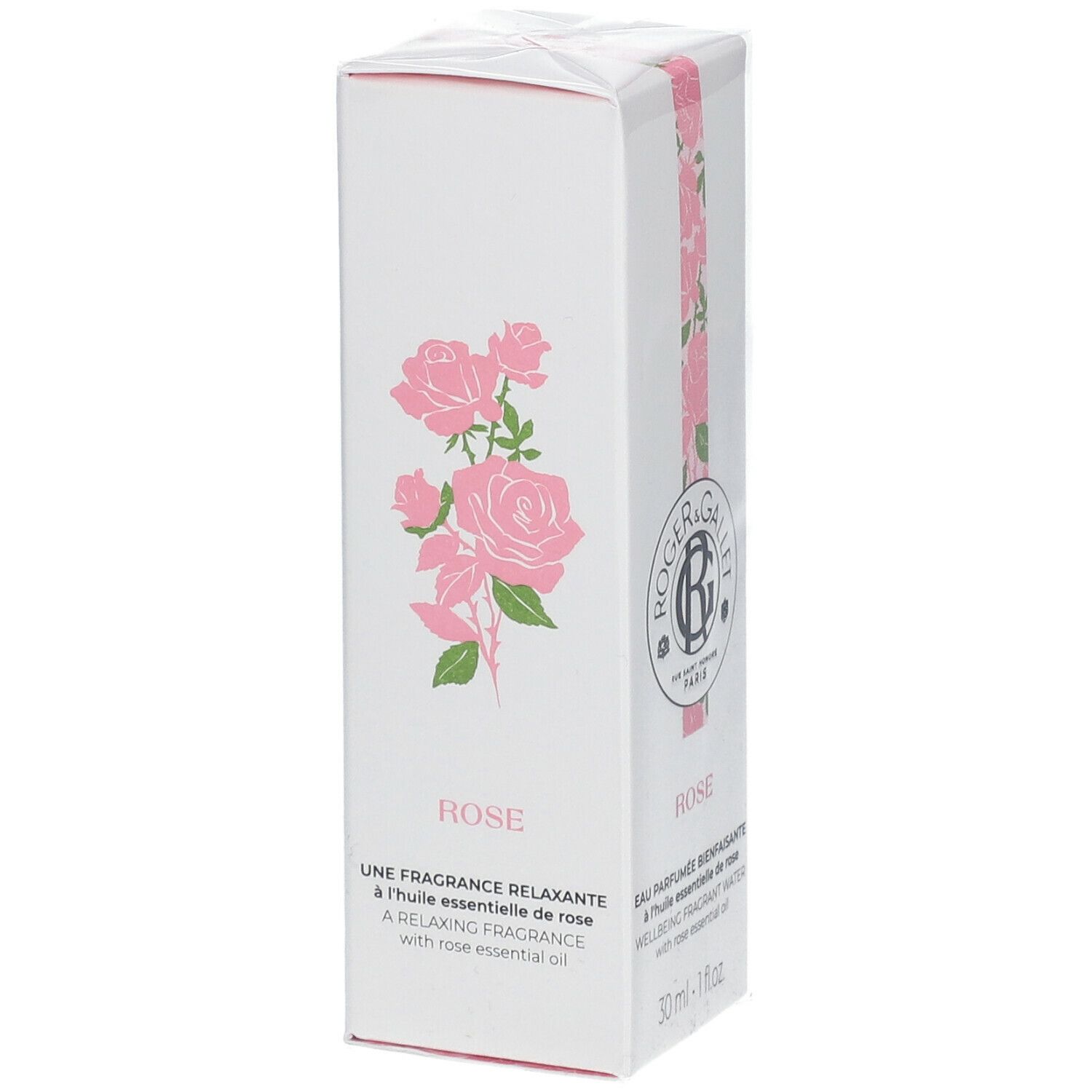 Boîte blanche avec motif de roses. Texte: Rose, Une Fragrance Relaxante, à l'huile essentielle de rose.