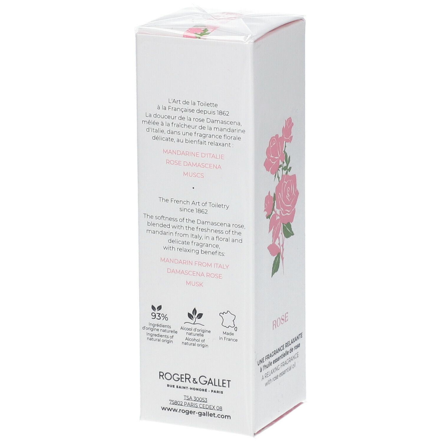 Boîte blanche, dos avec texte et motif de roses. Texte: Rose, Eau Parfumée, 93% ingrédients d'origine naturelle.