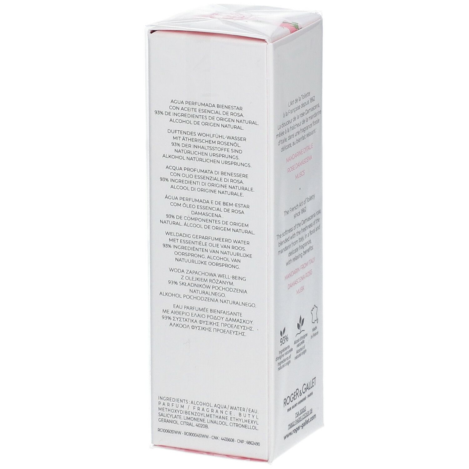 Boîte blanche, texte multilingue. Texte: Agua Perfumada de Bienestar, Alcool, ingrédients.