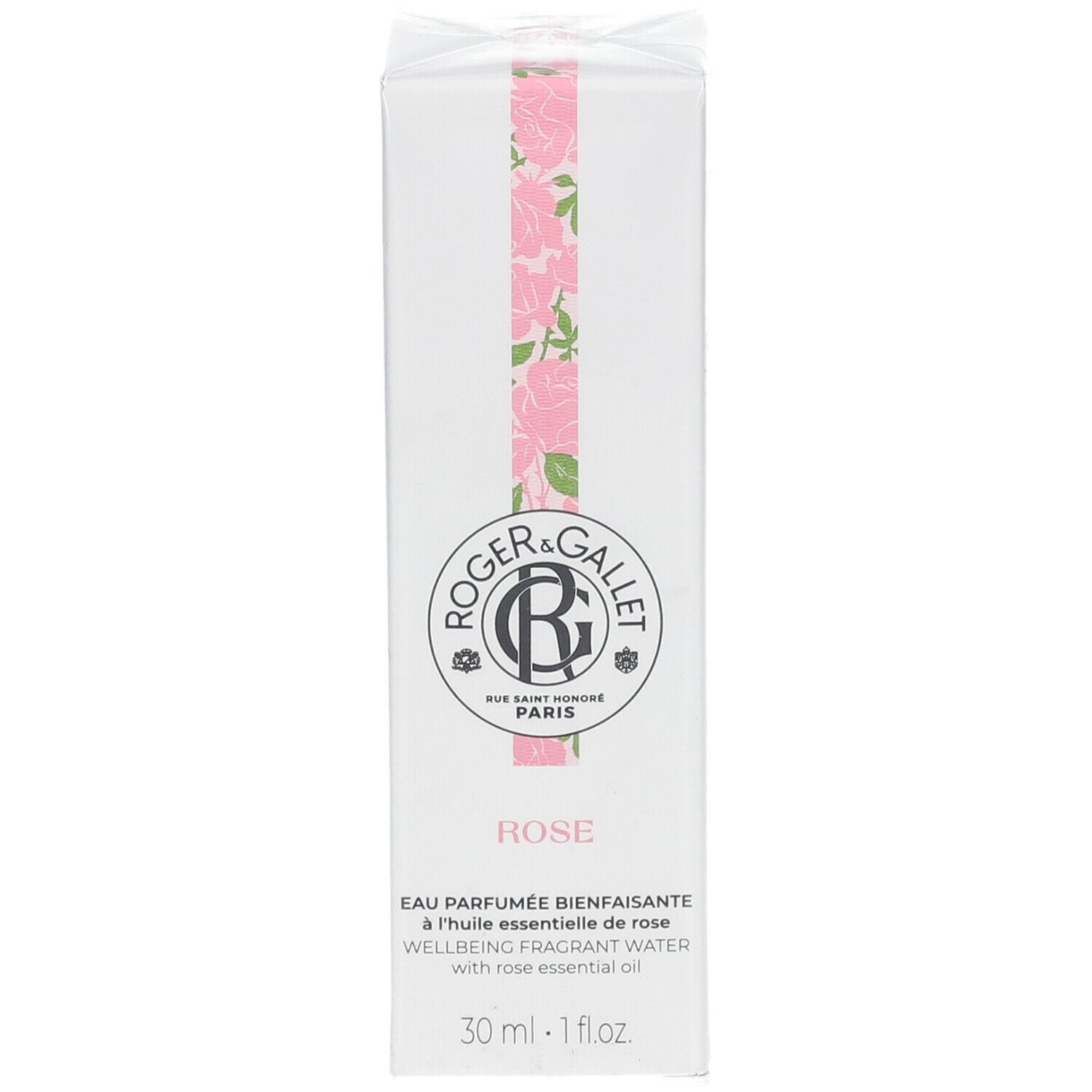 Boîte blanche avec logo et motif floral. Texte: Eau Parfumée Bienfaisante Rose, 30 ml.
