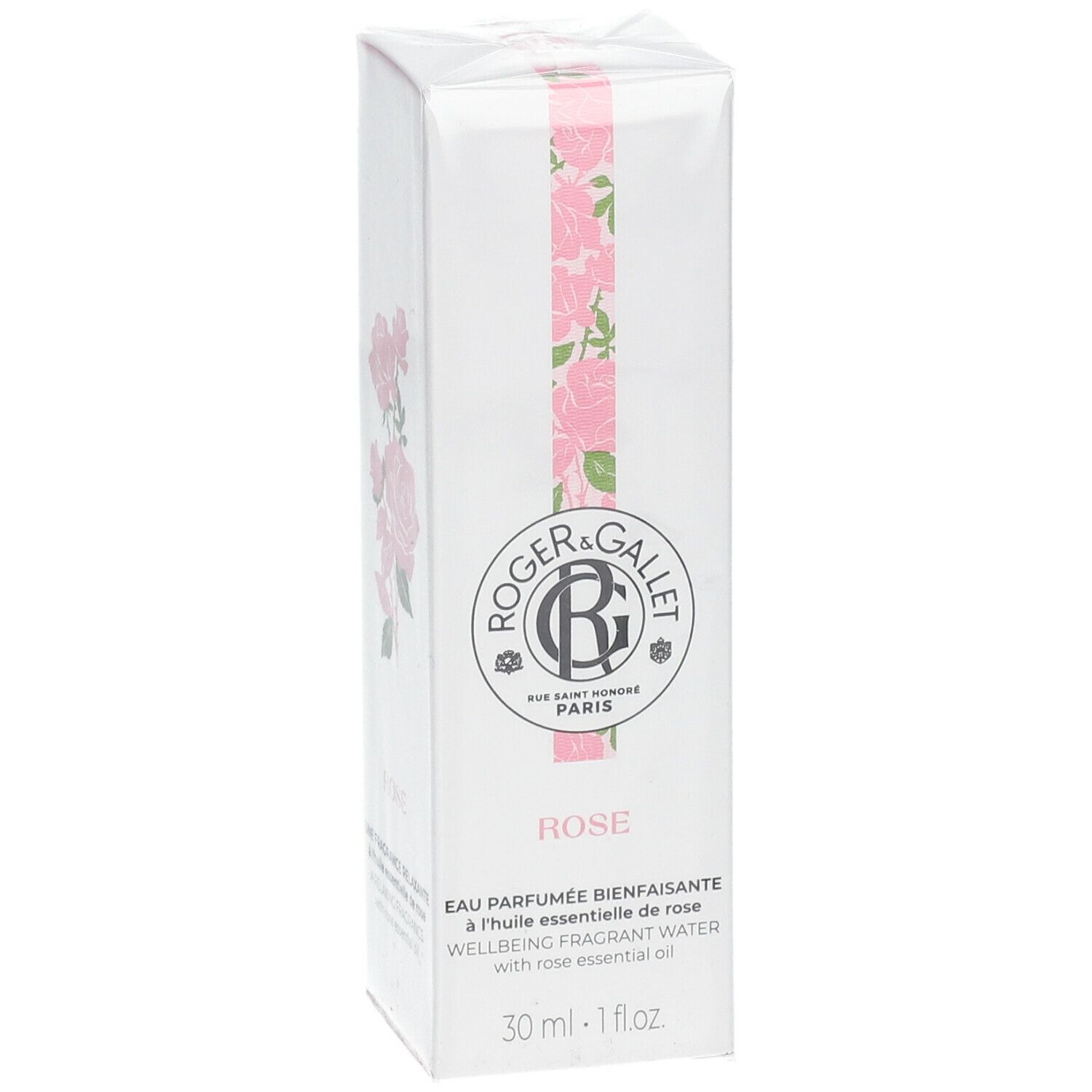 Boîte blanche avec logo et motif floral. Texte: Eau Parfumée Bienfaisante Rose, 30 ml.