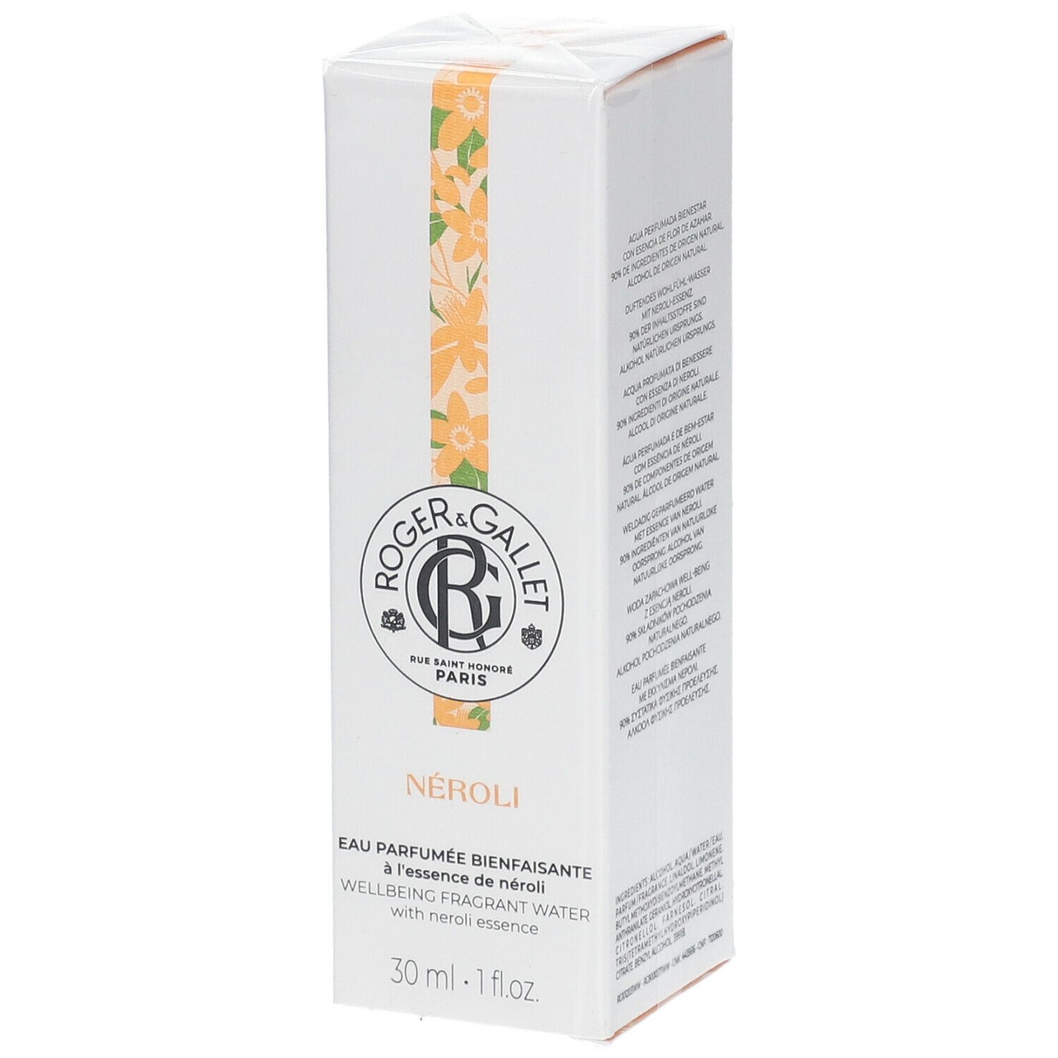 Witte doos Roger & Gallet NÉROLI. Tekst: Eau Parfumée Bienfaisante à l'essence de néroli. 30 ml. Oranje bloemmotief.