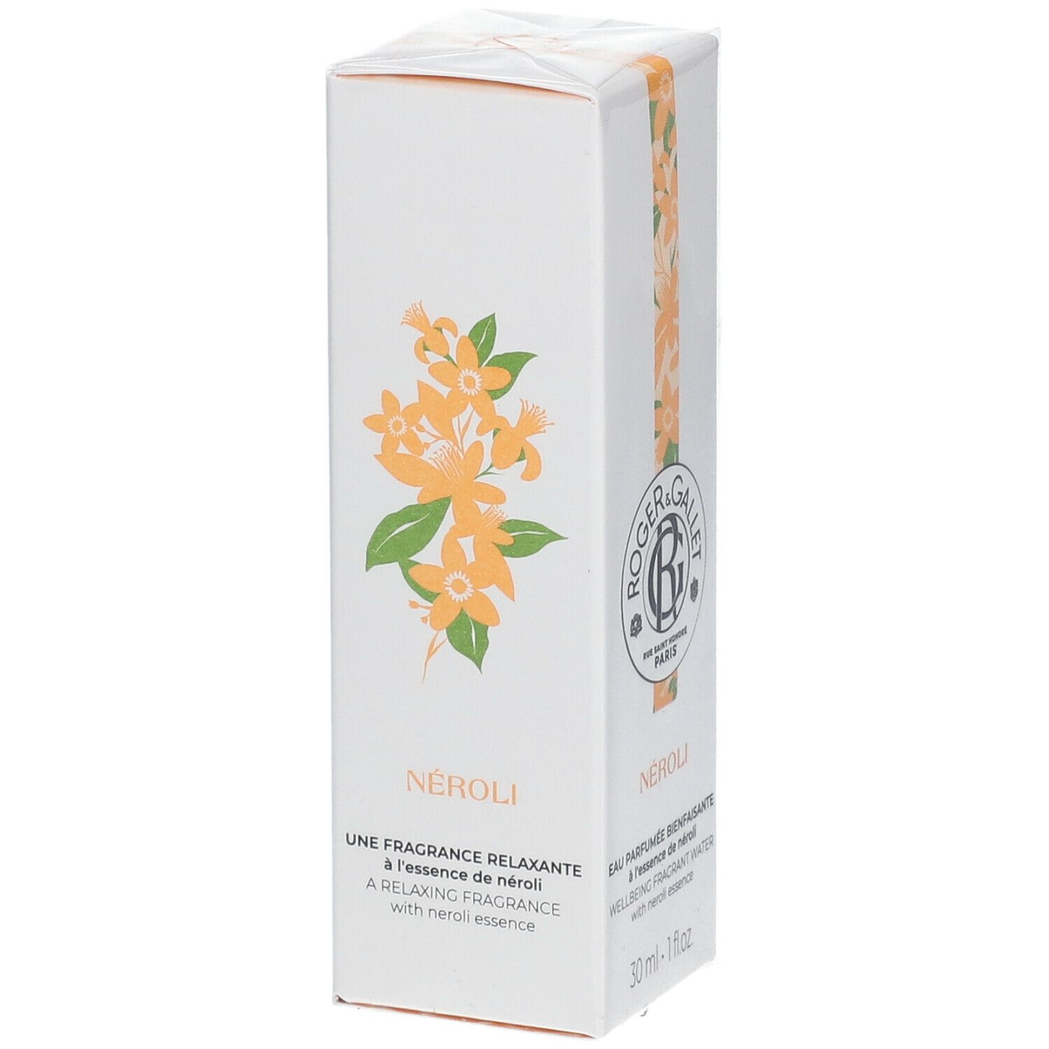 Witte doos Roger & Gallet NÉROLI. Tekst: Une fragrance relaxante à l'essence de néroli. Oranje bloemmotief.