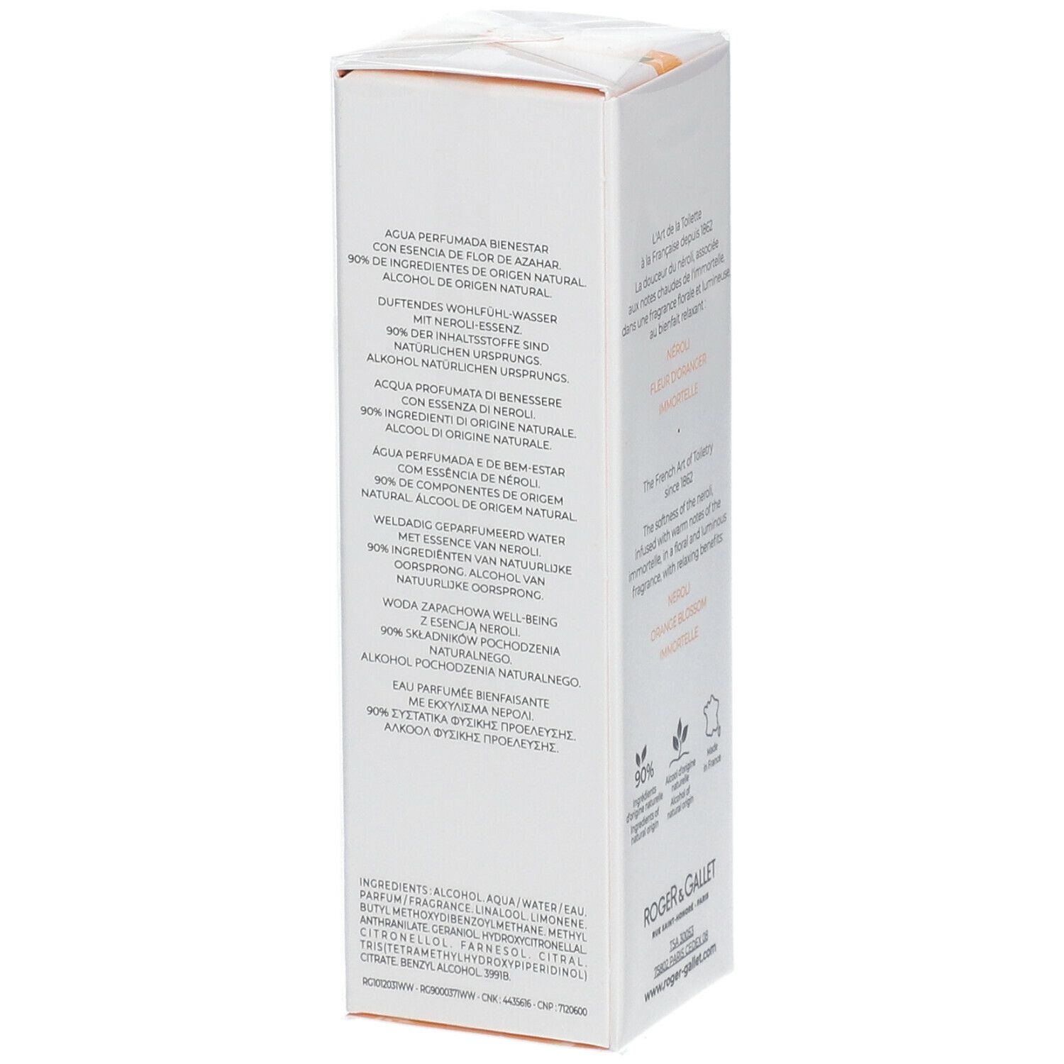 Zijkant van de witte doos. Tekst in verschillende talen. Logo Roger & Gallet. Informatie over ingrediënten.